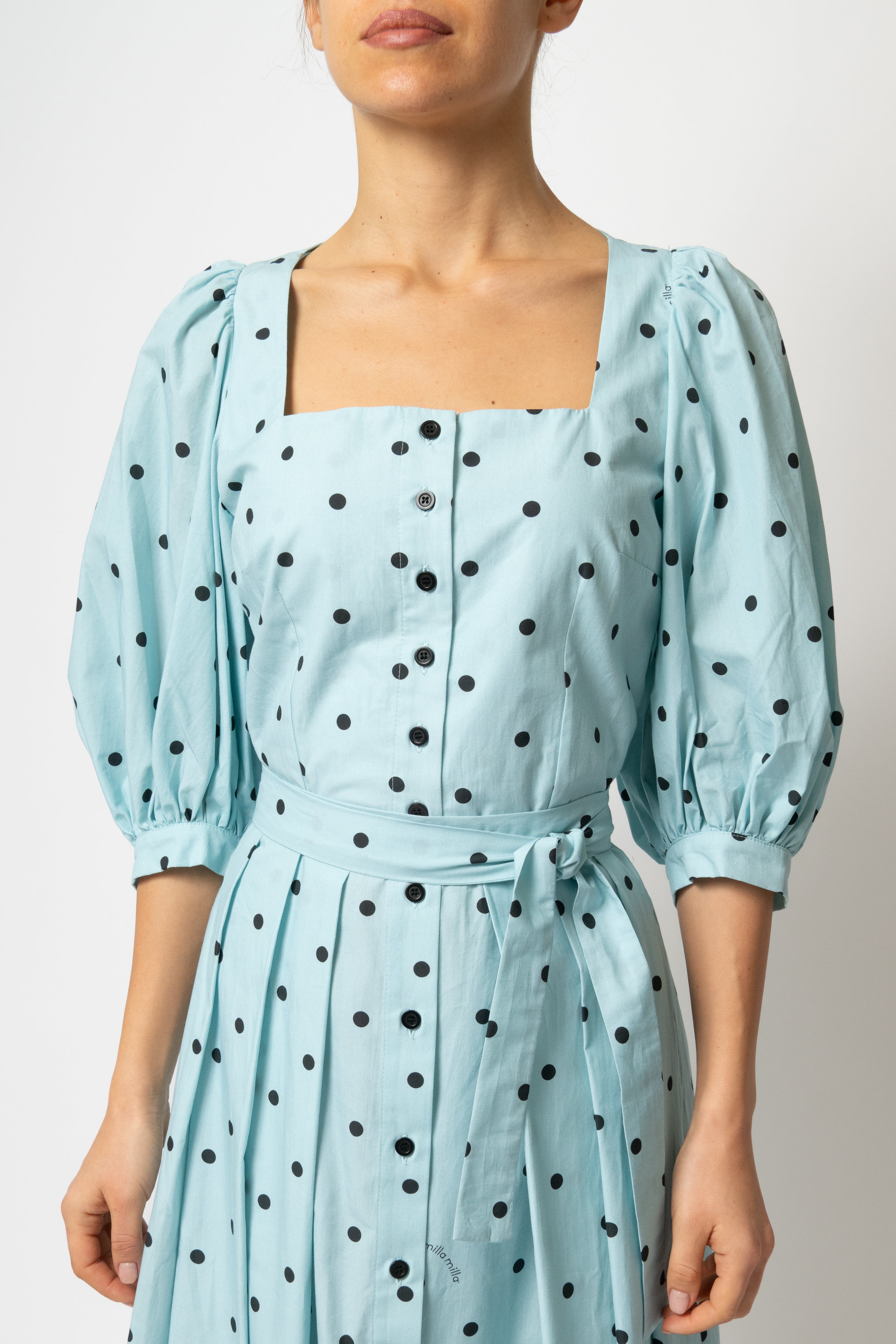 Rochie Midi, cu Decolteu Patrat si Nasturi, din Bumbac cu Buline