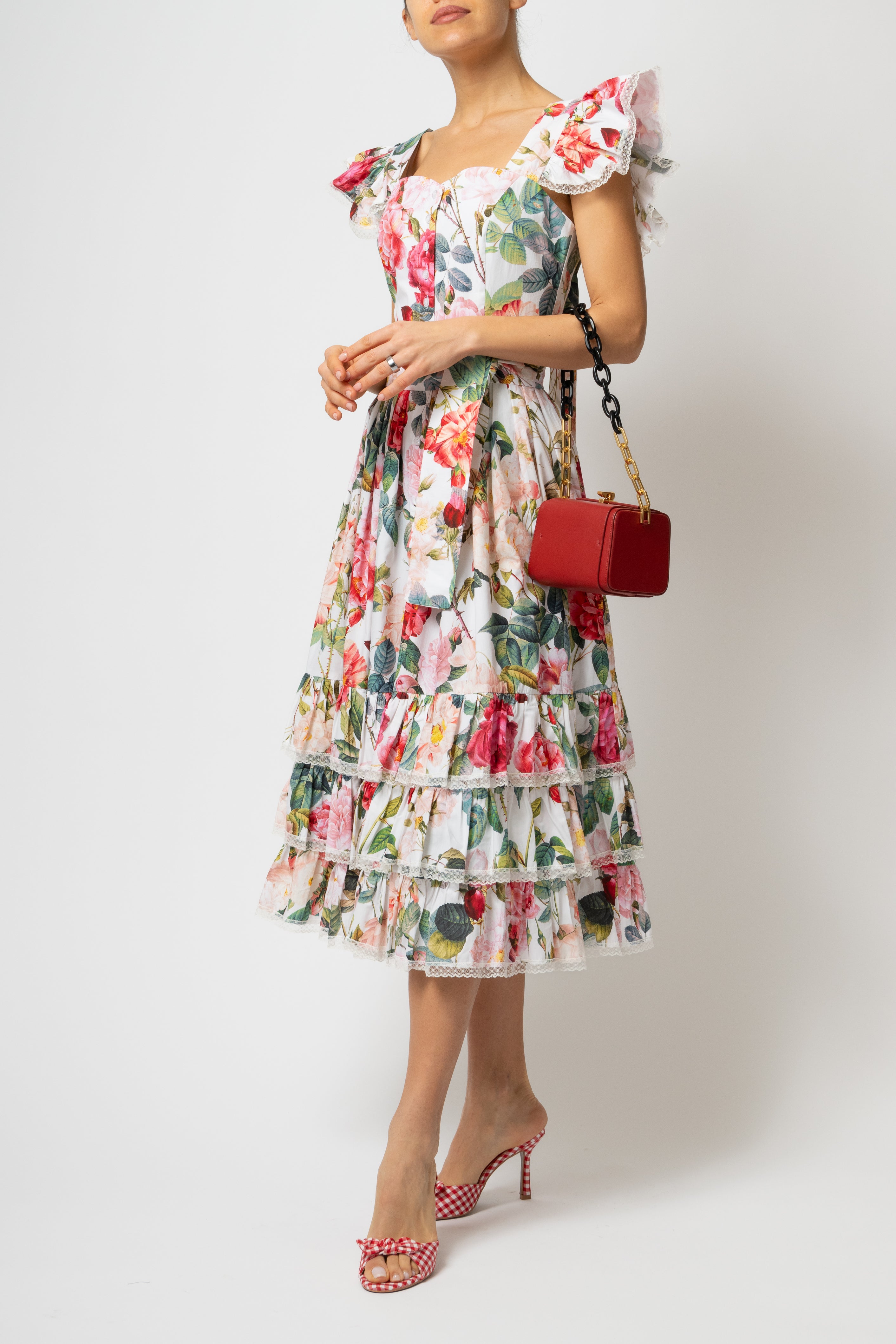 Rochie Midi cu Volane si Imprimeu de Trandafiri Mari, din Bumbac