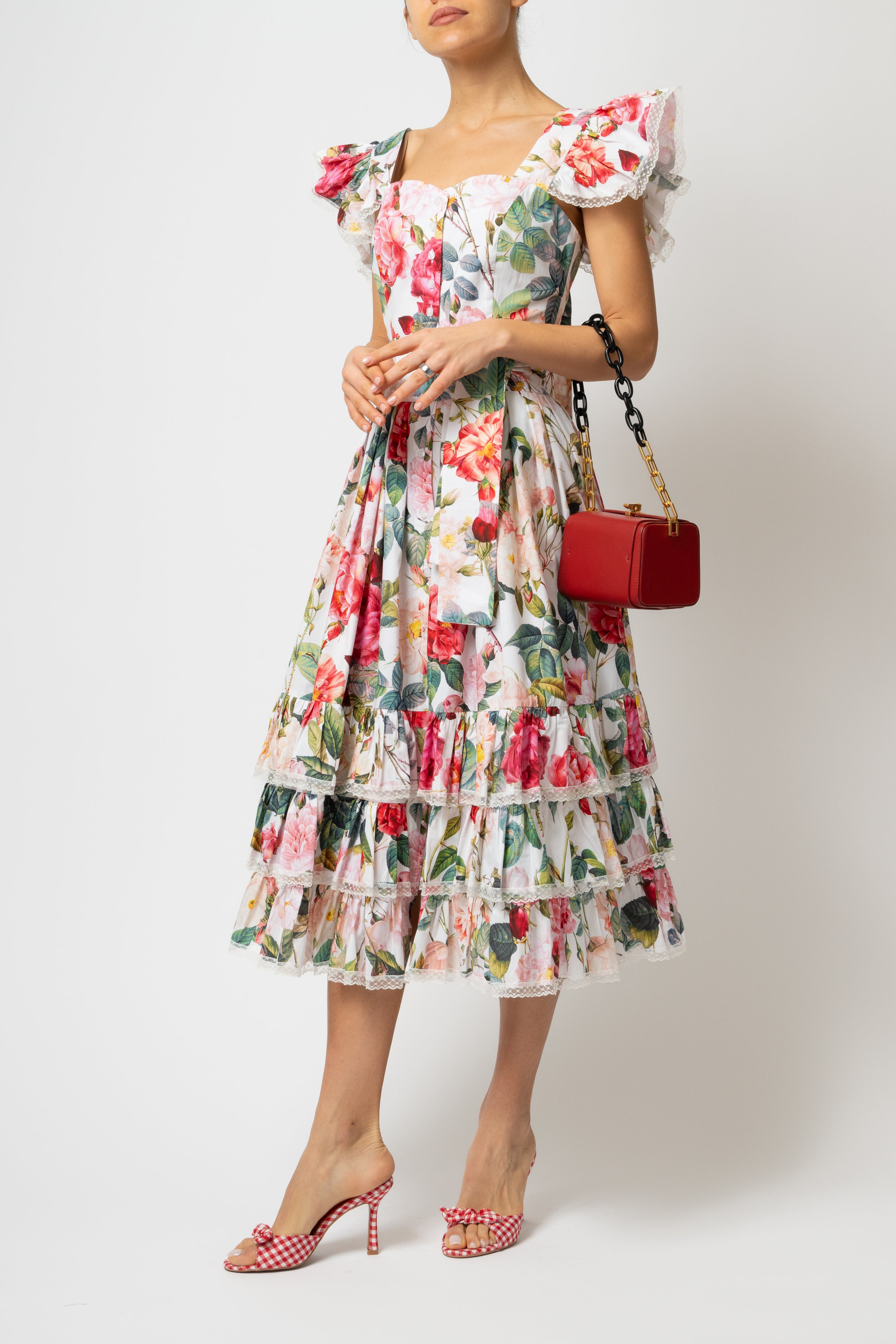 Rochie Midi cu Volane si Imprimeu de Trandafiri Mari, din Bumbac