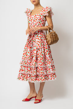Rochie Midi cu Volane si Imprimeu de Capsuni, din Bumbac