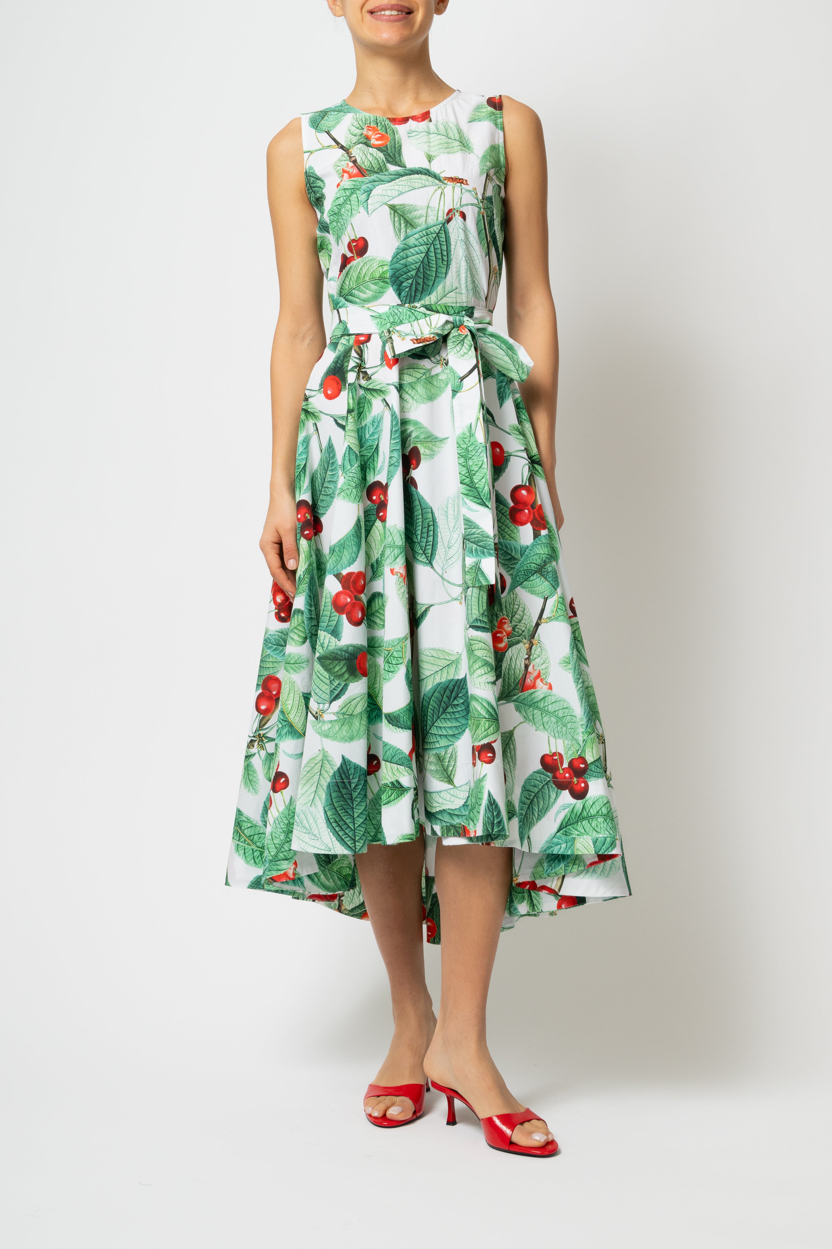 Rochie Midi cu Imprimeu de Cirese Mari, din Bumbac