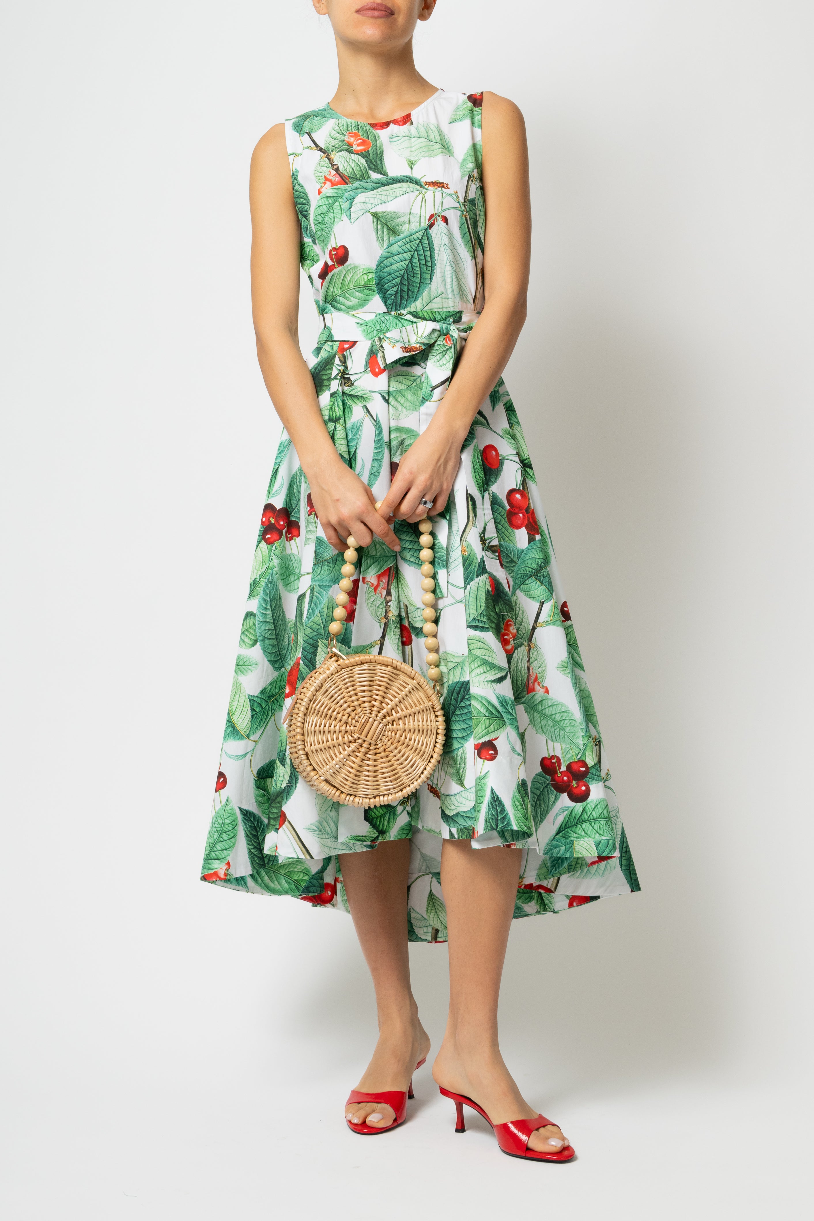 Rochie Midi cu Imprimeu de Cirese Mari, din Bumbac