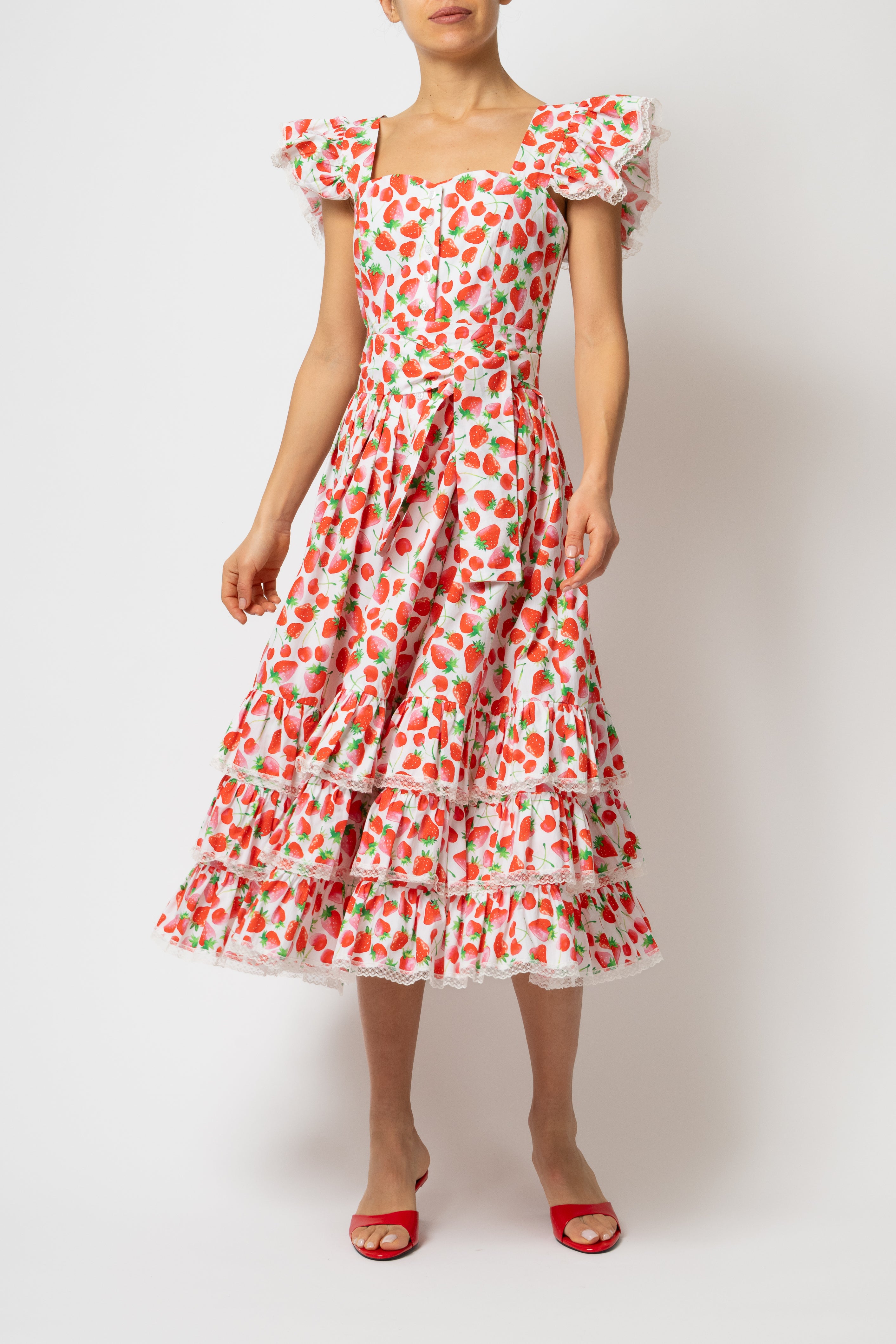 Rochie Midi cu Volane si Imprimeu de Capsuni, din Bumbac