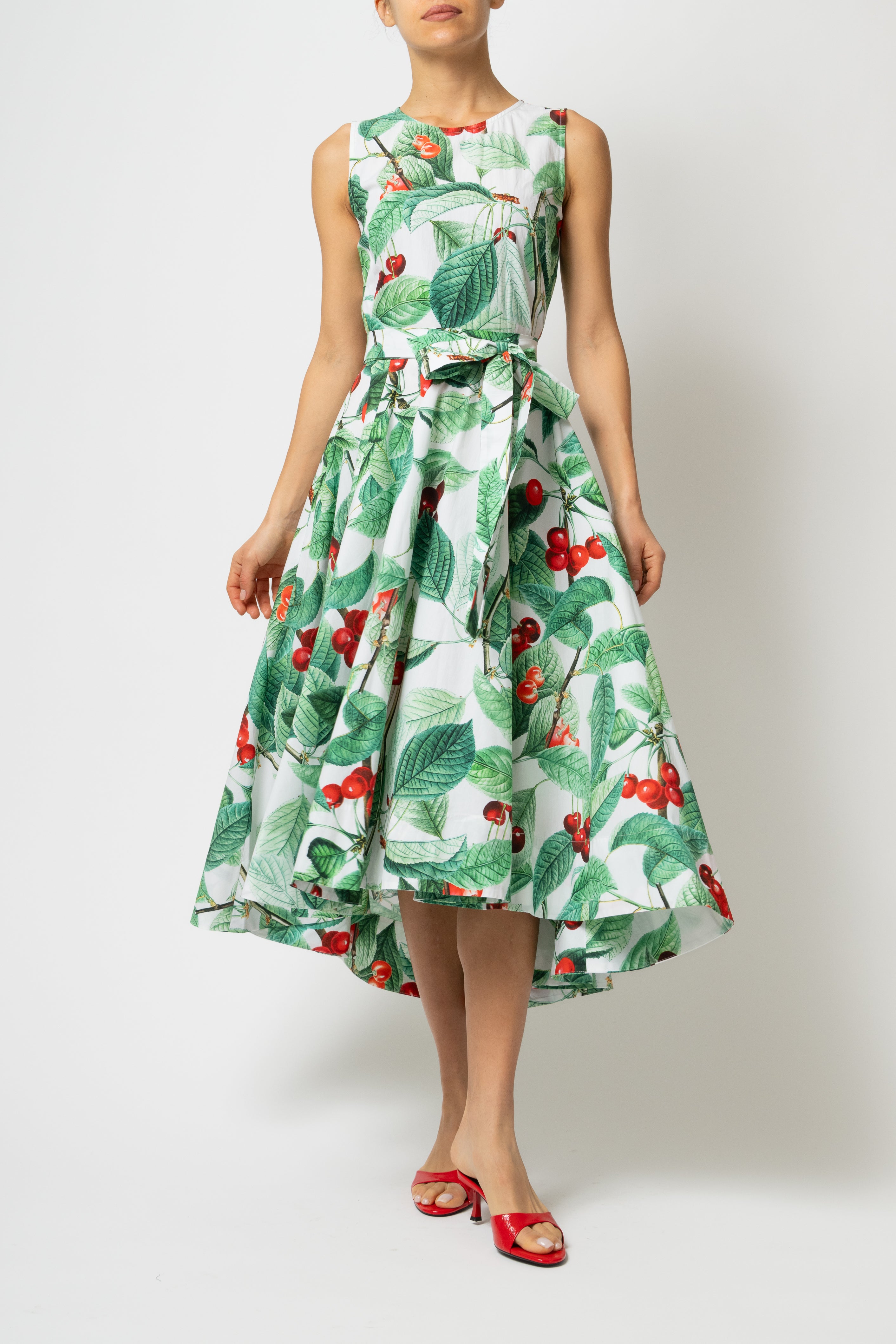 Rochie Midi cu Imprimeu de Cirese Mari, din Bumbac