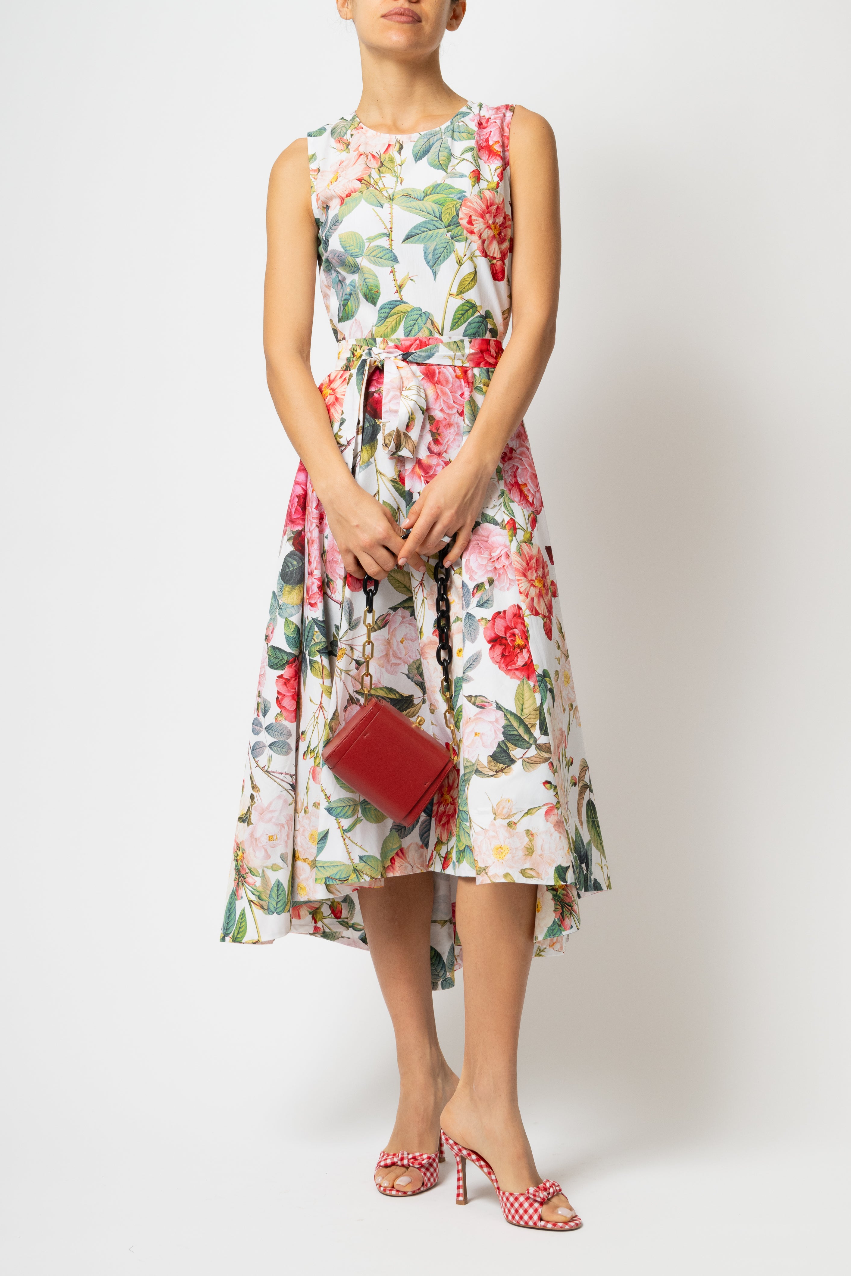 Rochie Midi cu Imprimeu de Trandafiri Mari, din Bumbac