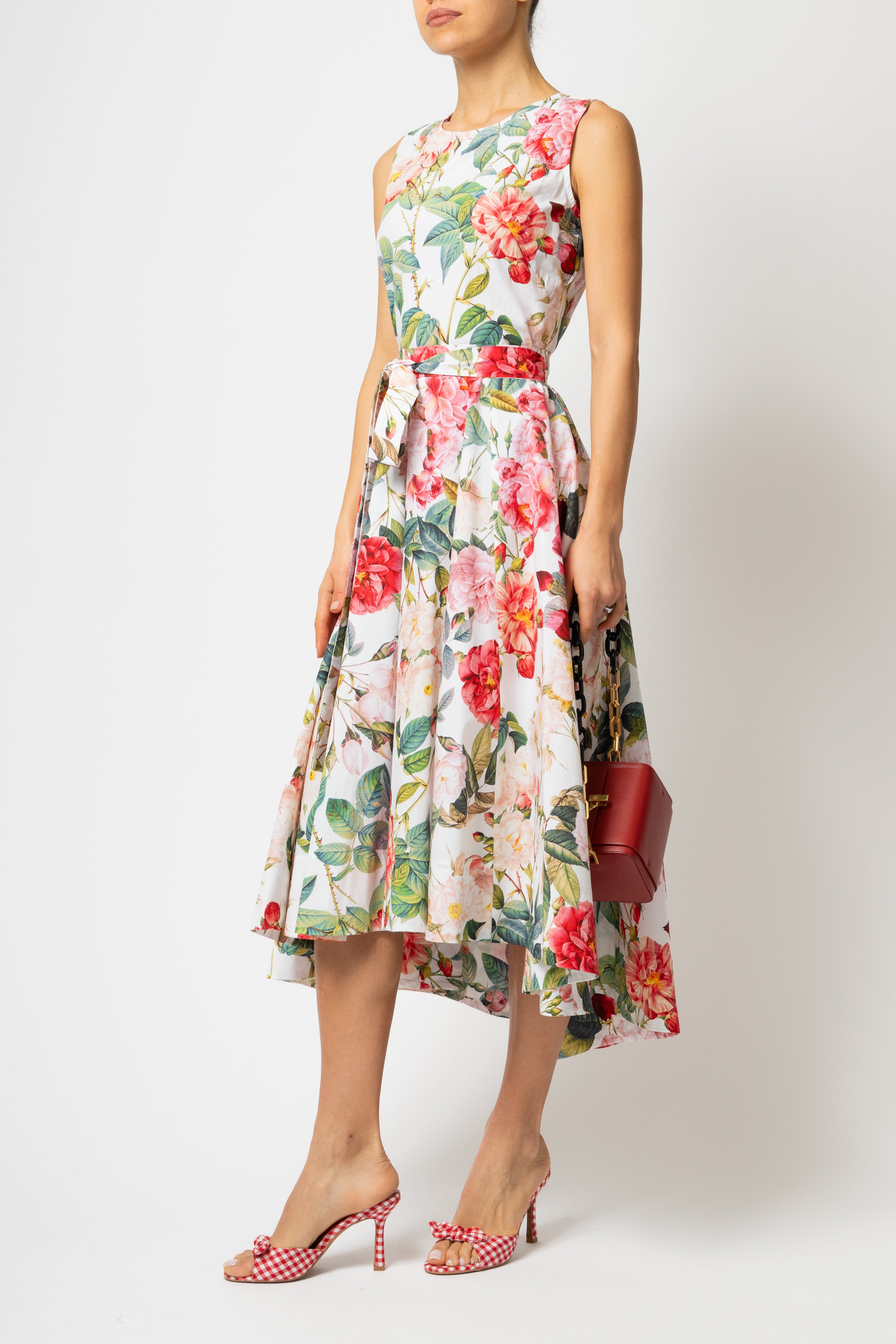 Rochie Midi cu Imprimeu de Trandafiri Mari, din Bumbac