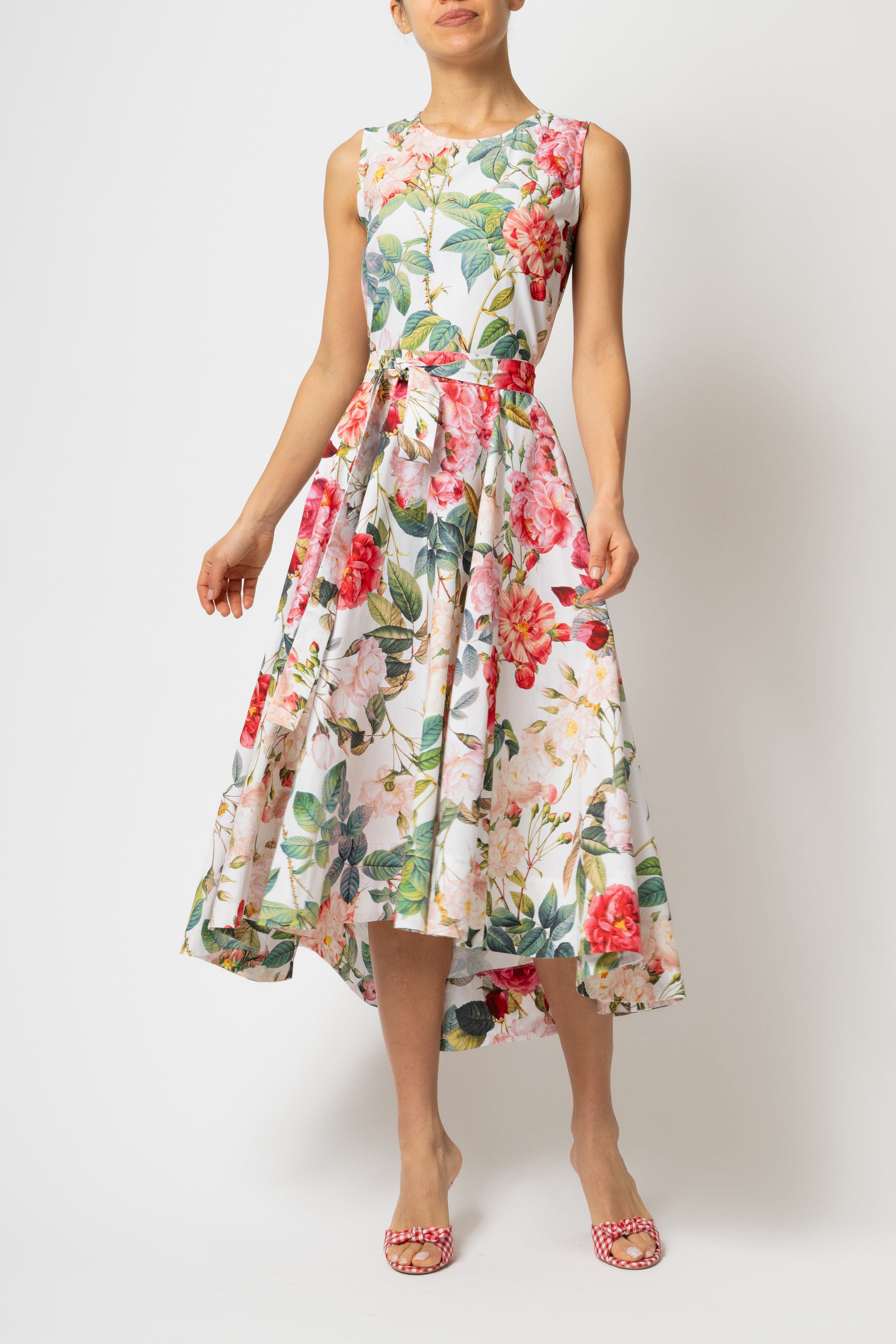 Rochie Midi cu Imprimeu de Trandafiri Mari, din Bumbac