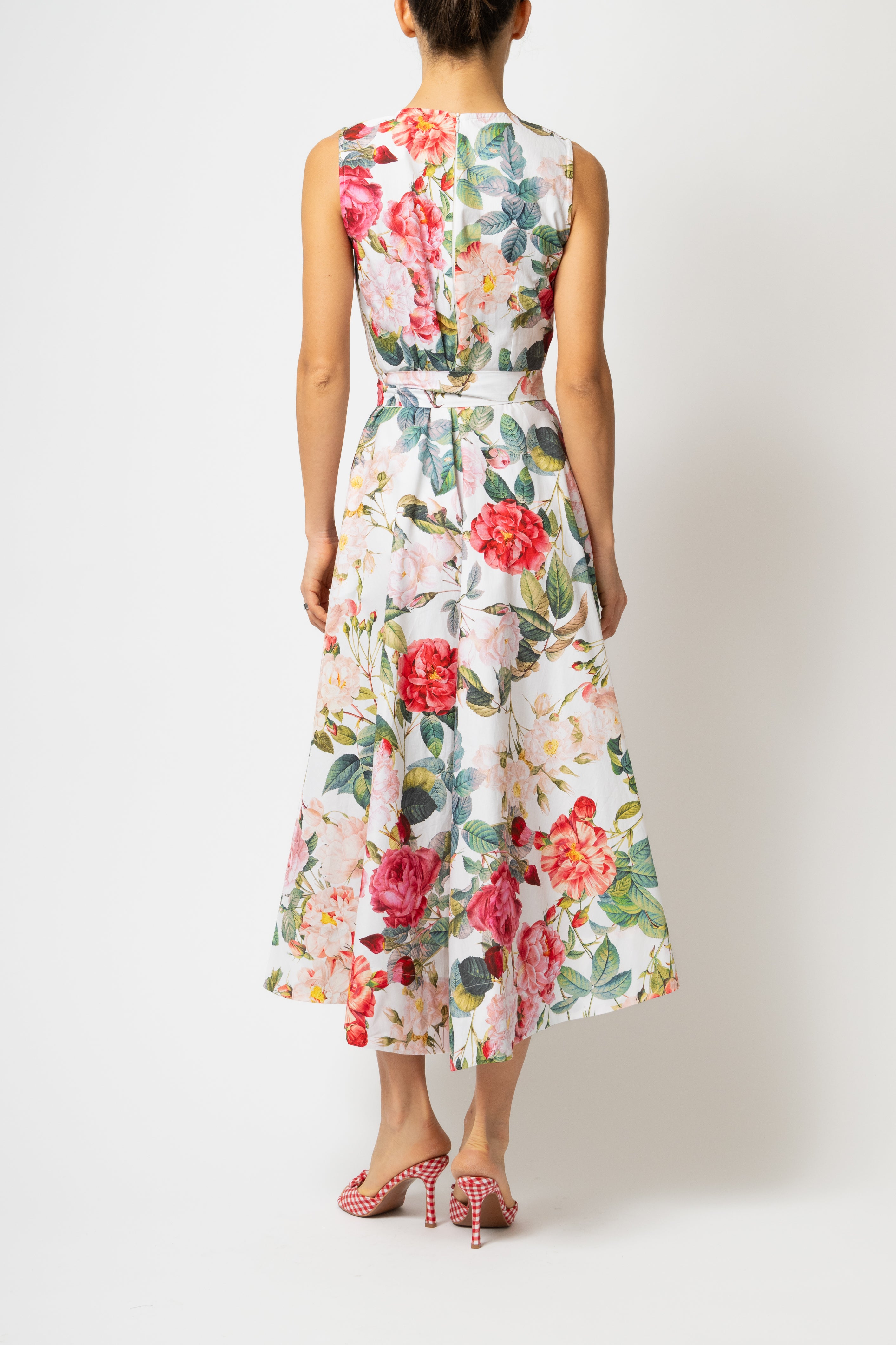 Rochie Midi cu Imprimeu de Trandafiri Mari, din Bumbac