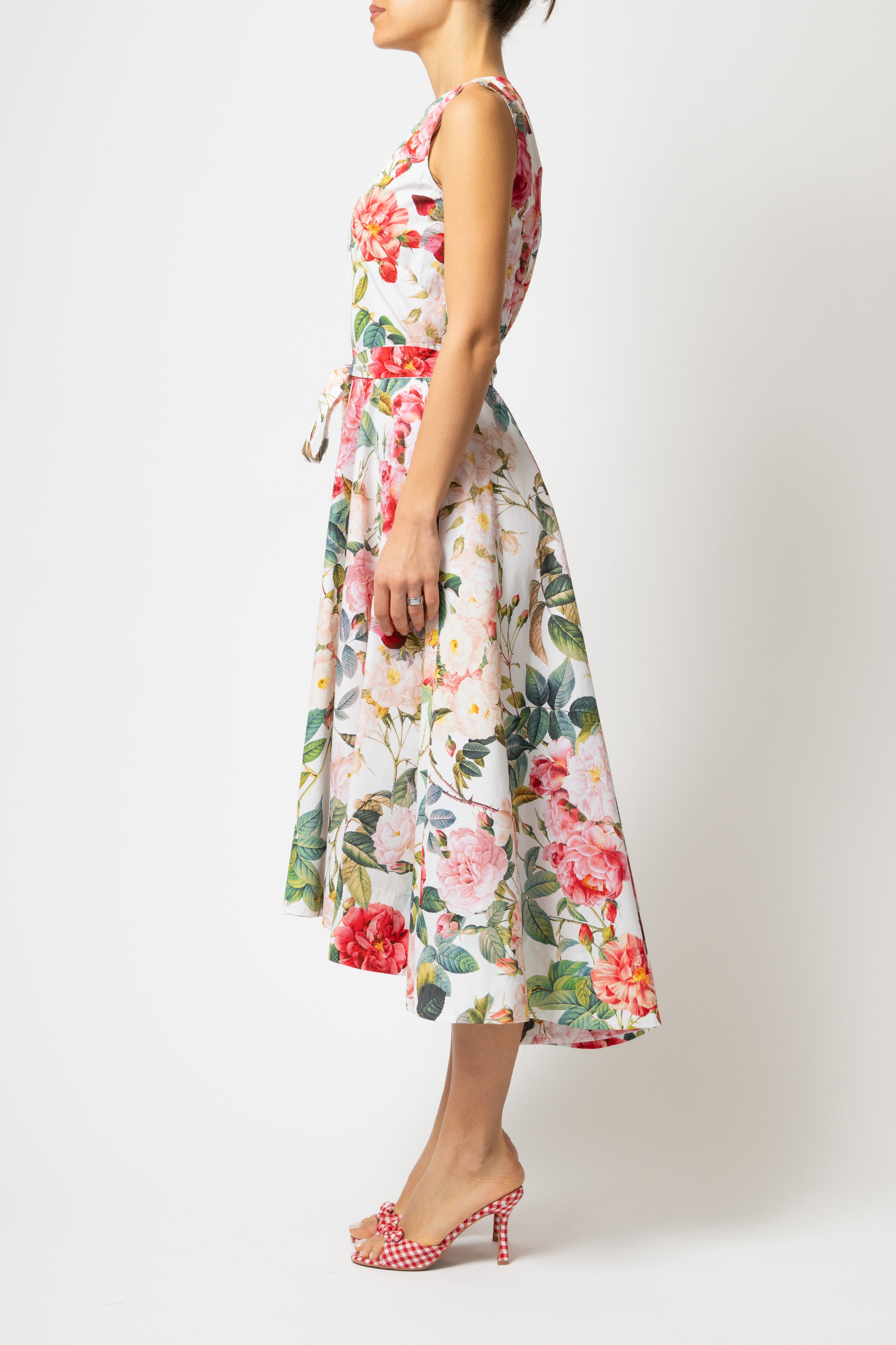 Rochie Midi cu Imprimeu de Trandafiri Mari, din Bumbac