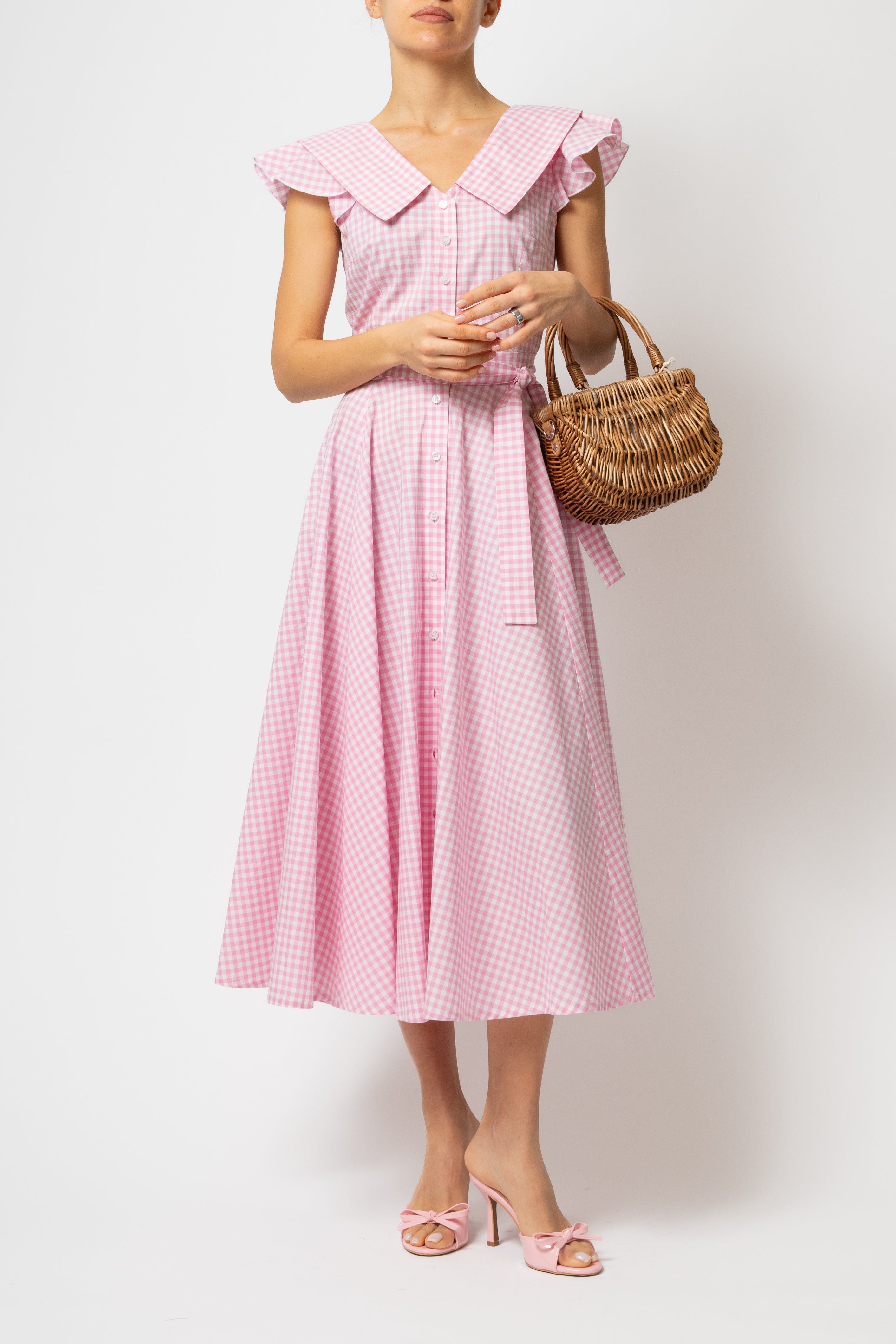 Rochie Camasa Midi cu Guler in V, din Bumbac in Carouri Roz