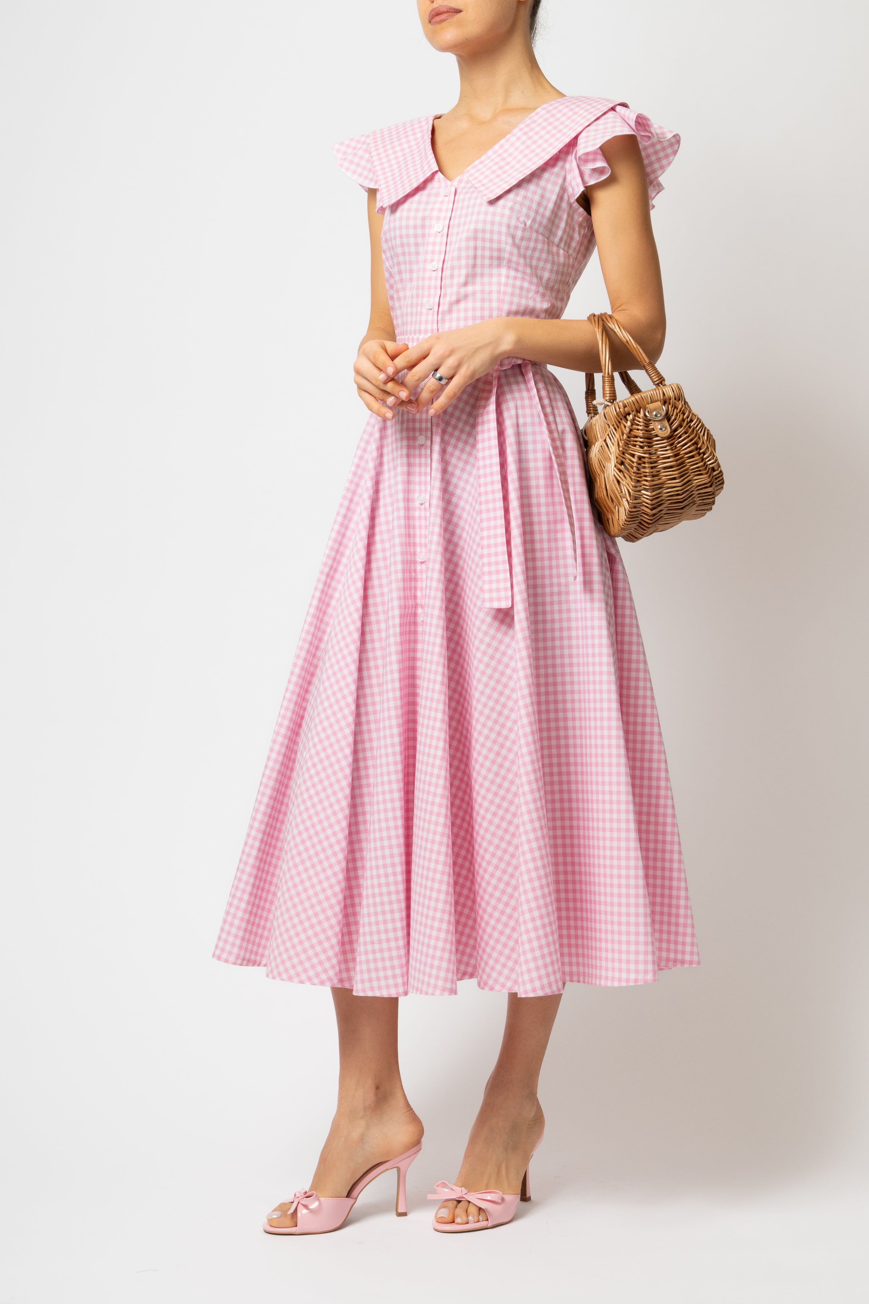 Rochie Camasa Midi cu Guler in V, din Bumbac in Carouri Roz