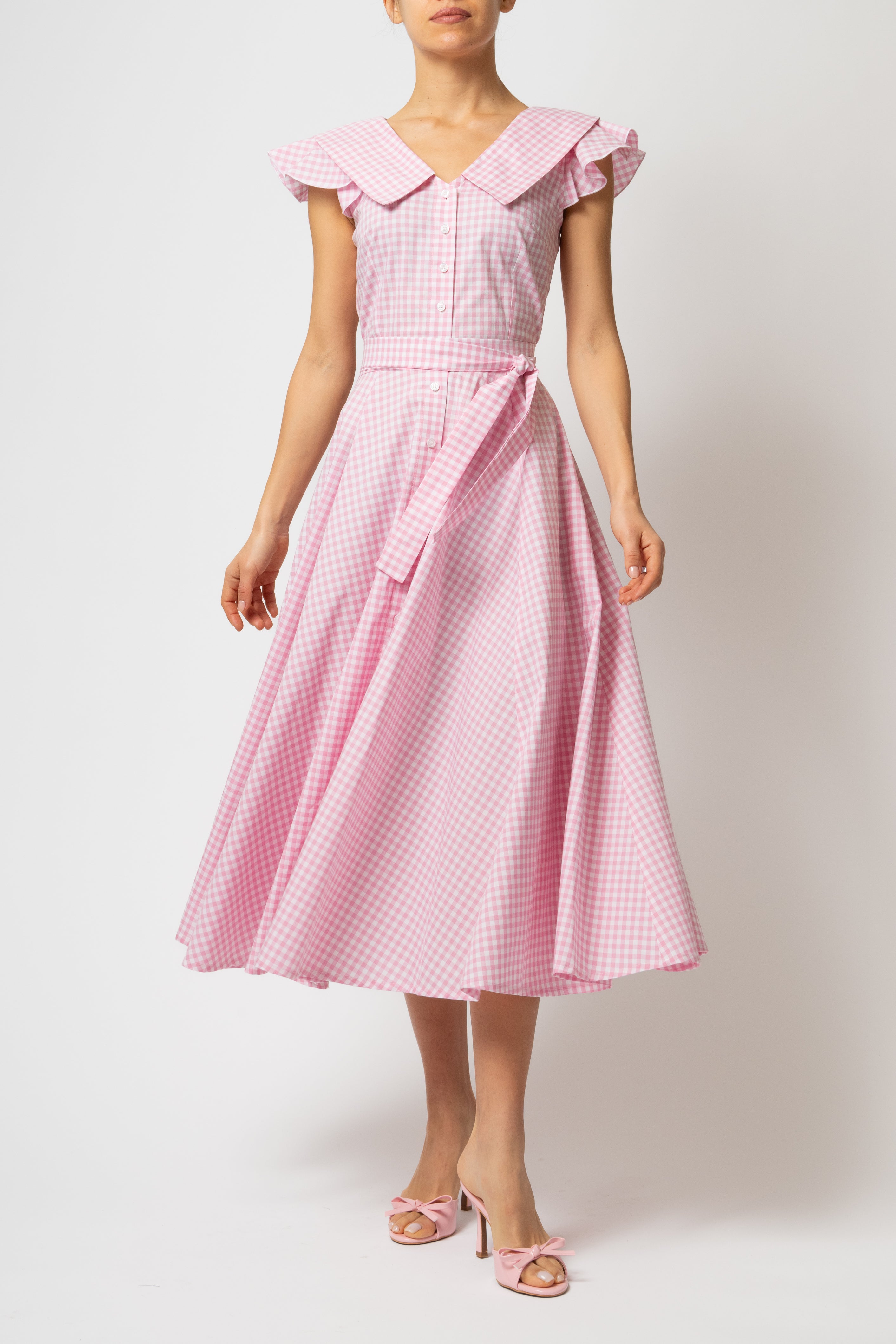 Rochie Camasa Midi cu Guler in V, din Bumbac in Carouri Roz