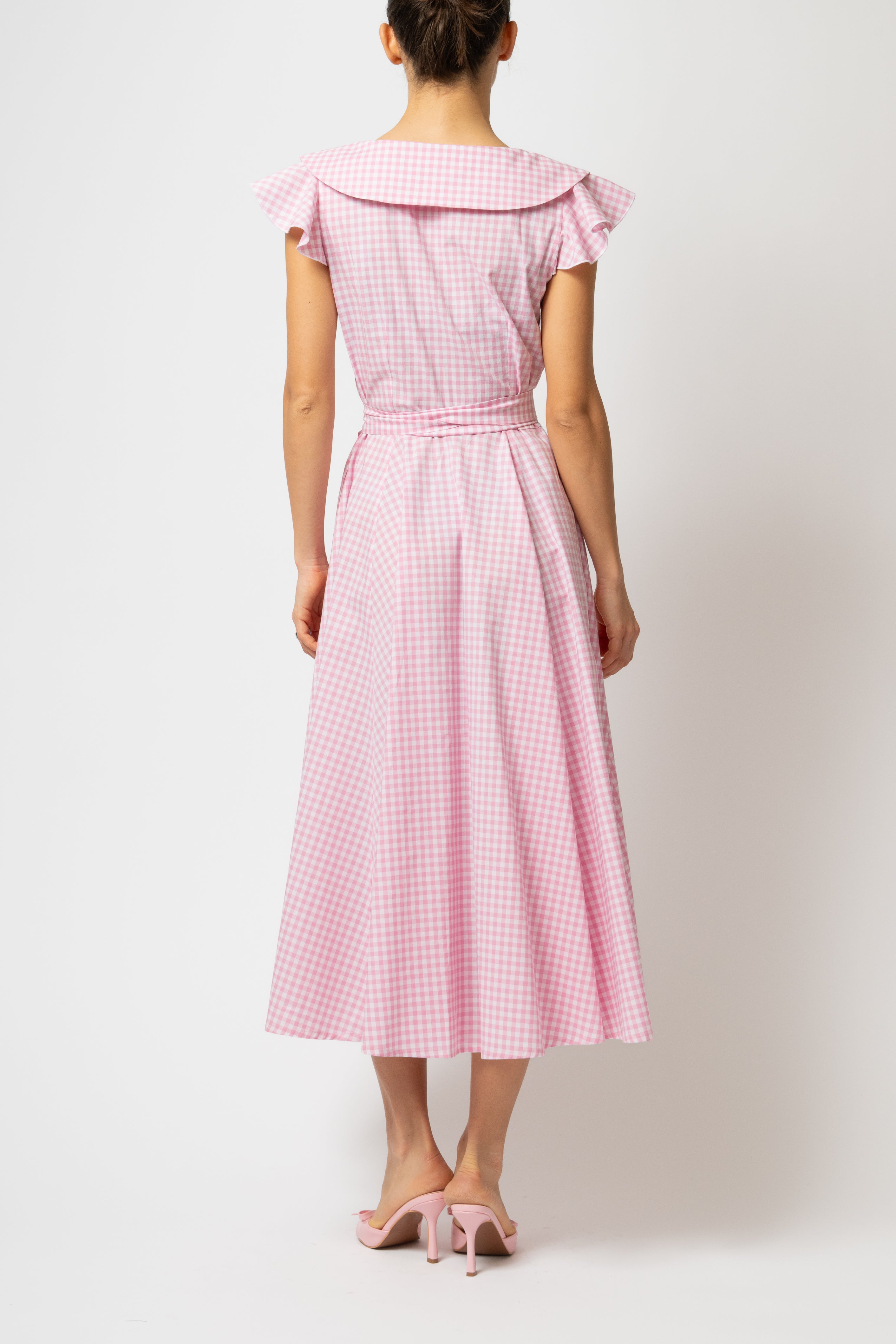 Rochie Camasa Midi cu Guler in V, din Bumbac in Carouri Roz