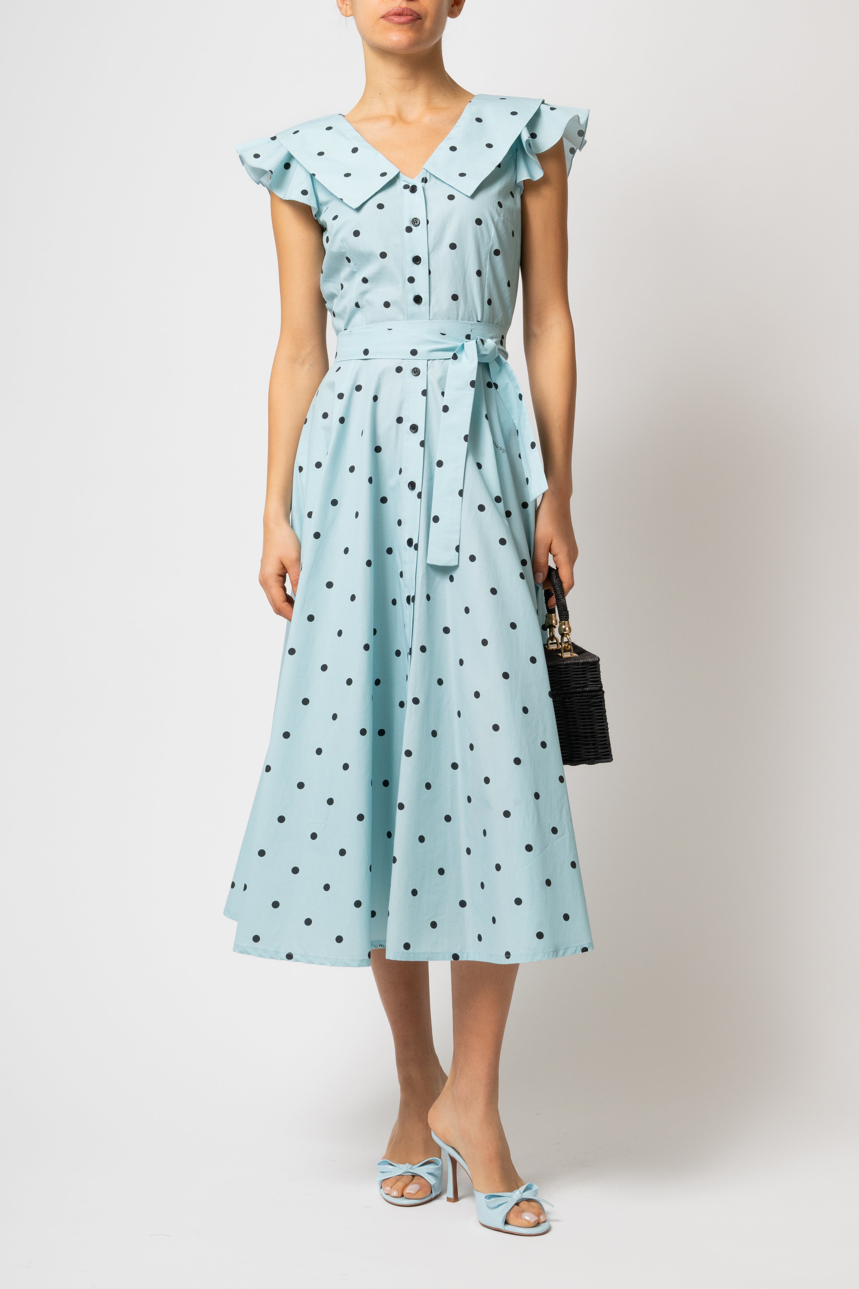 Rochie Camasa Midi cu Guler in V, din Bumbac Bleu cu Buline