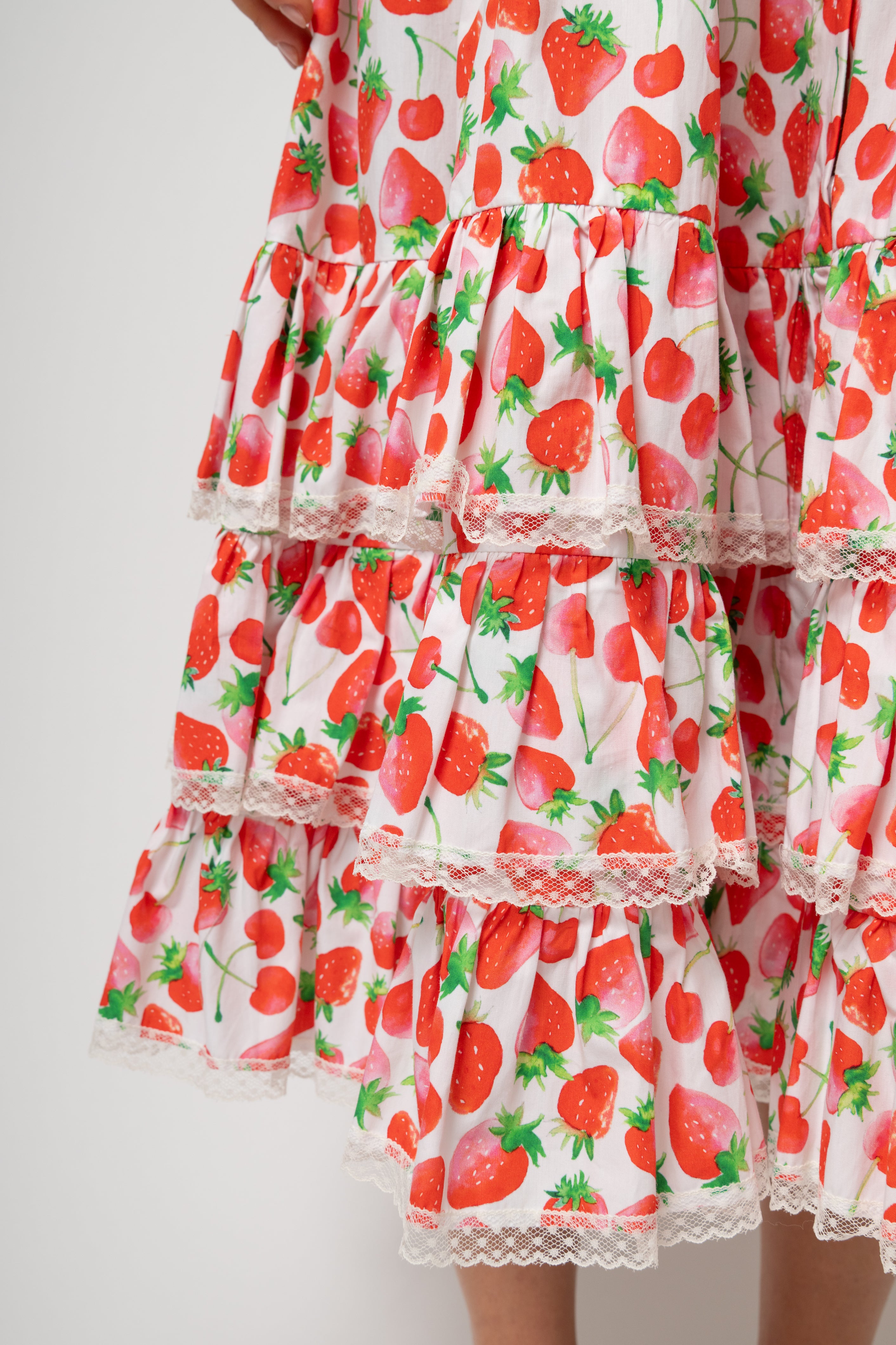 Rochie Midi cu Volane si Imprimeu de Capsuni, din Bumbac