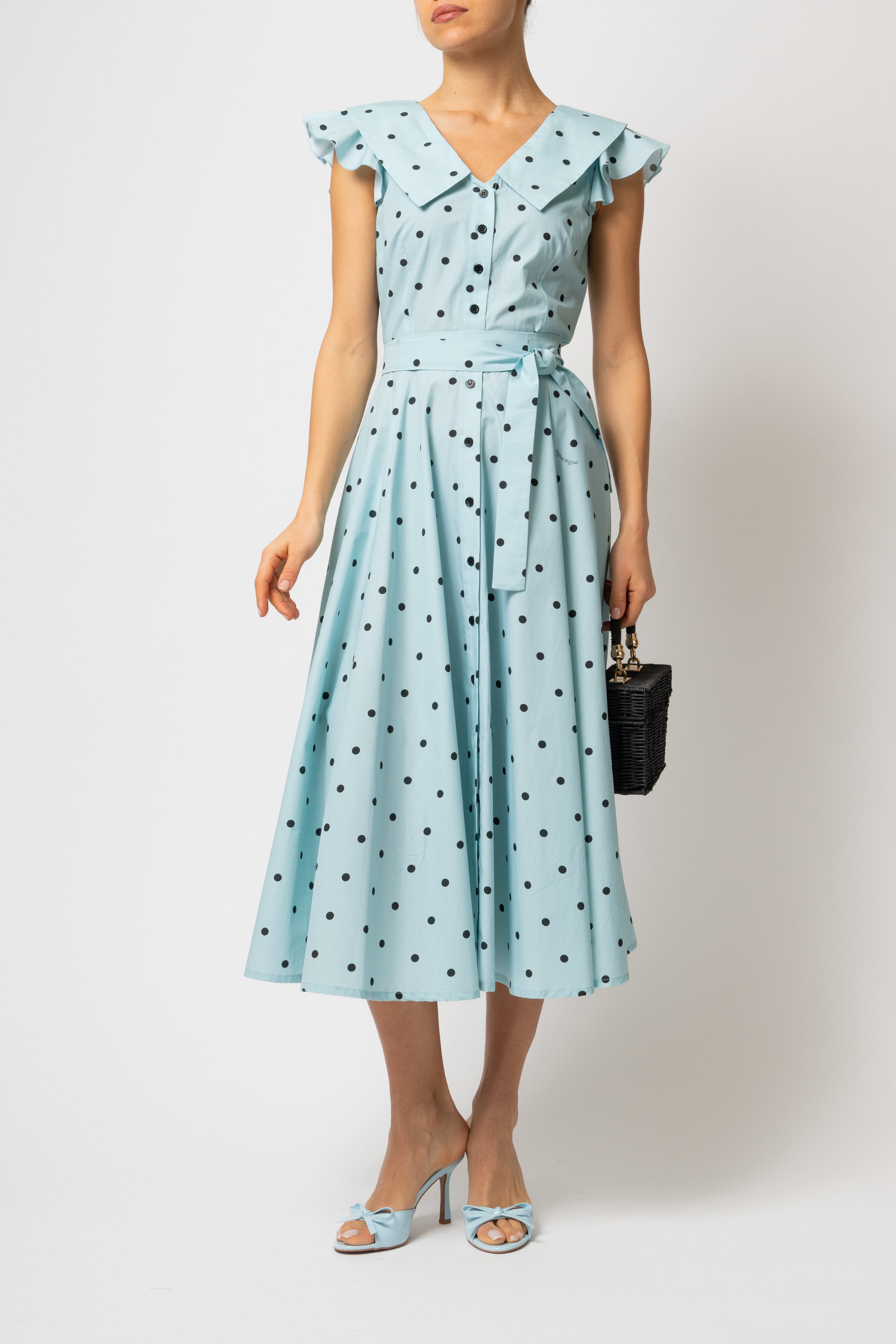 Rochie Camasa Midi cu Guler in V, din Bumbac Bleu cu Buline
