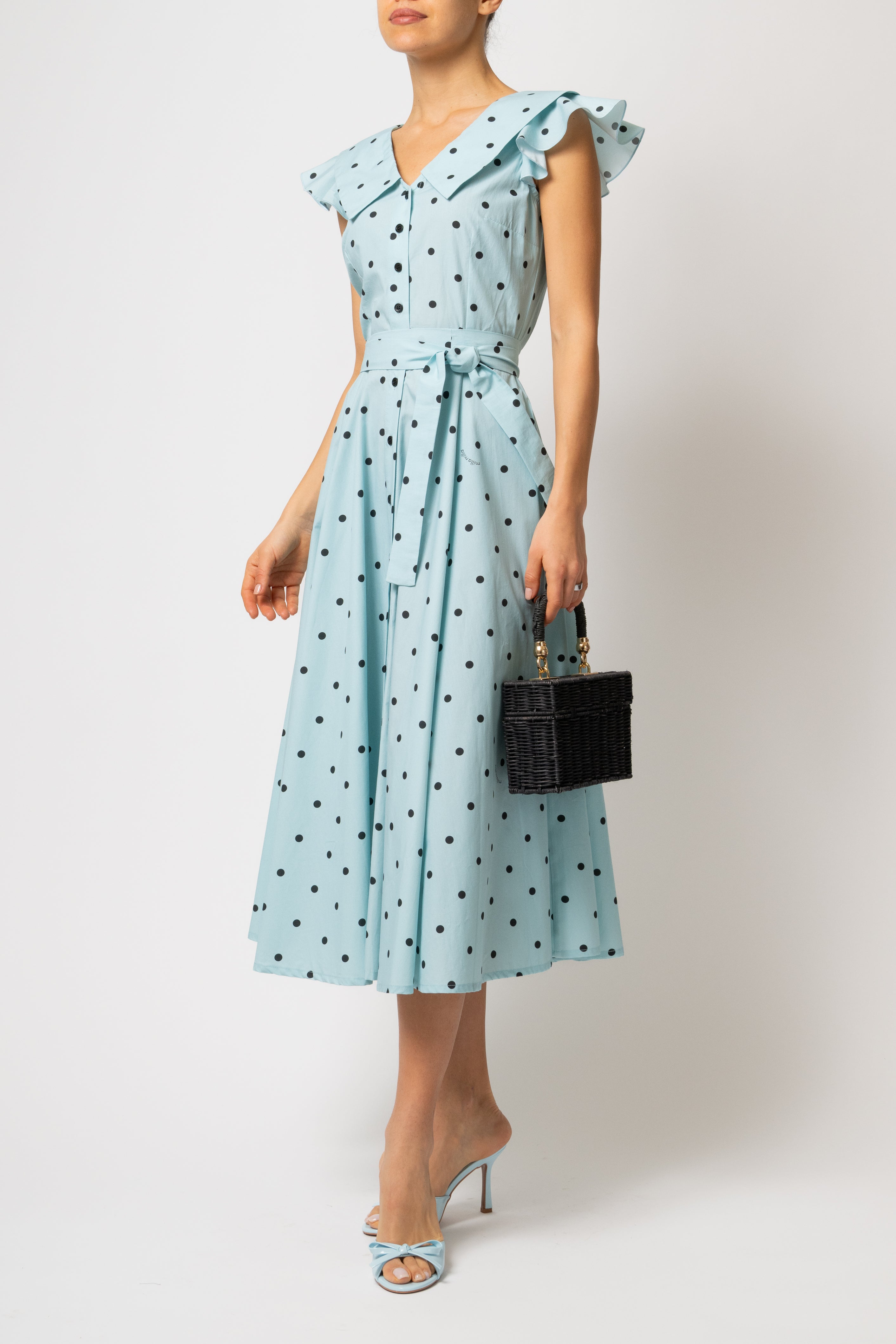 Rochie Camasa Midi cu Guler in V, din Bumbac Bleu cu Buline