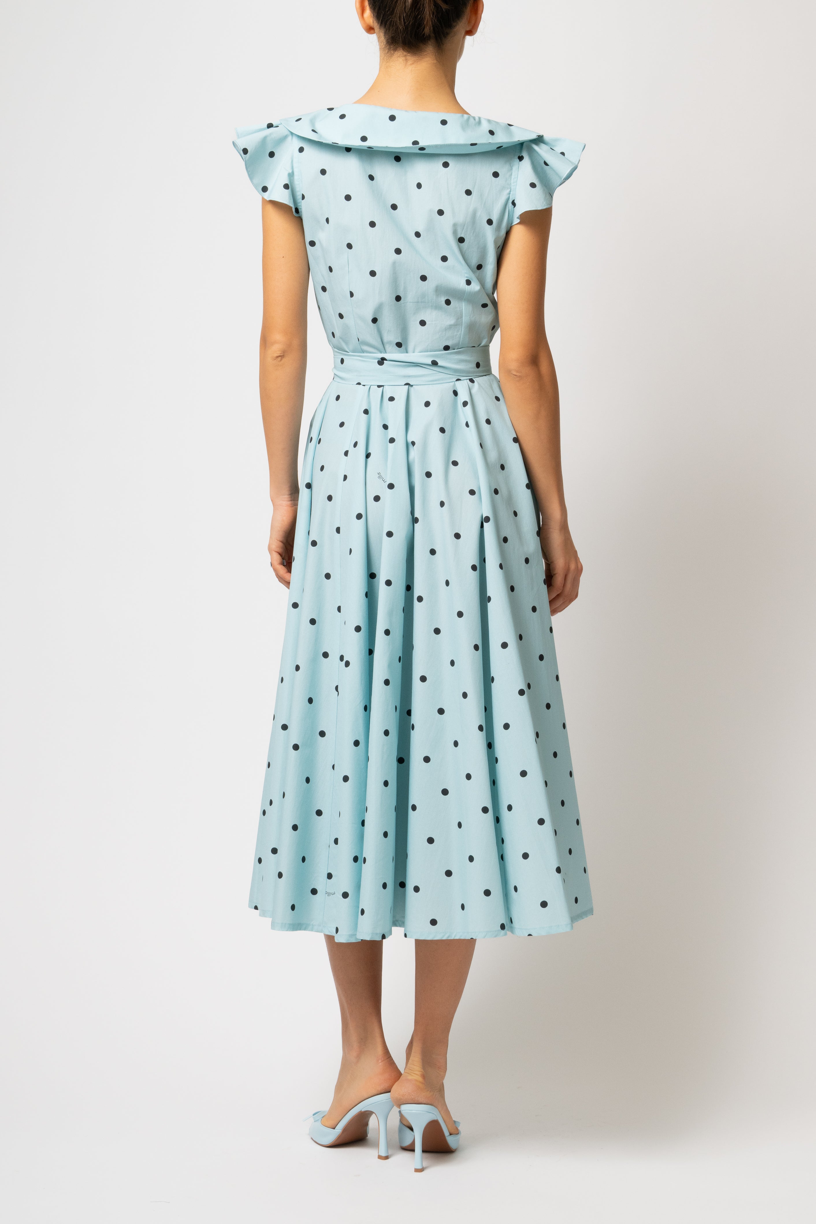 Rochie Camasa Midi cu Guler in V, din Bumbac Bleu cu Buline