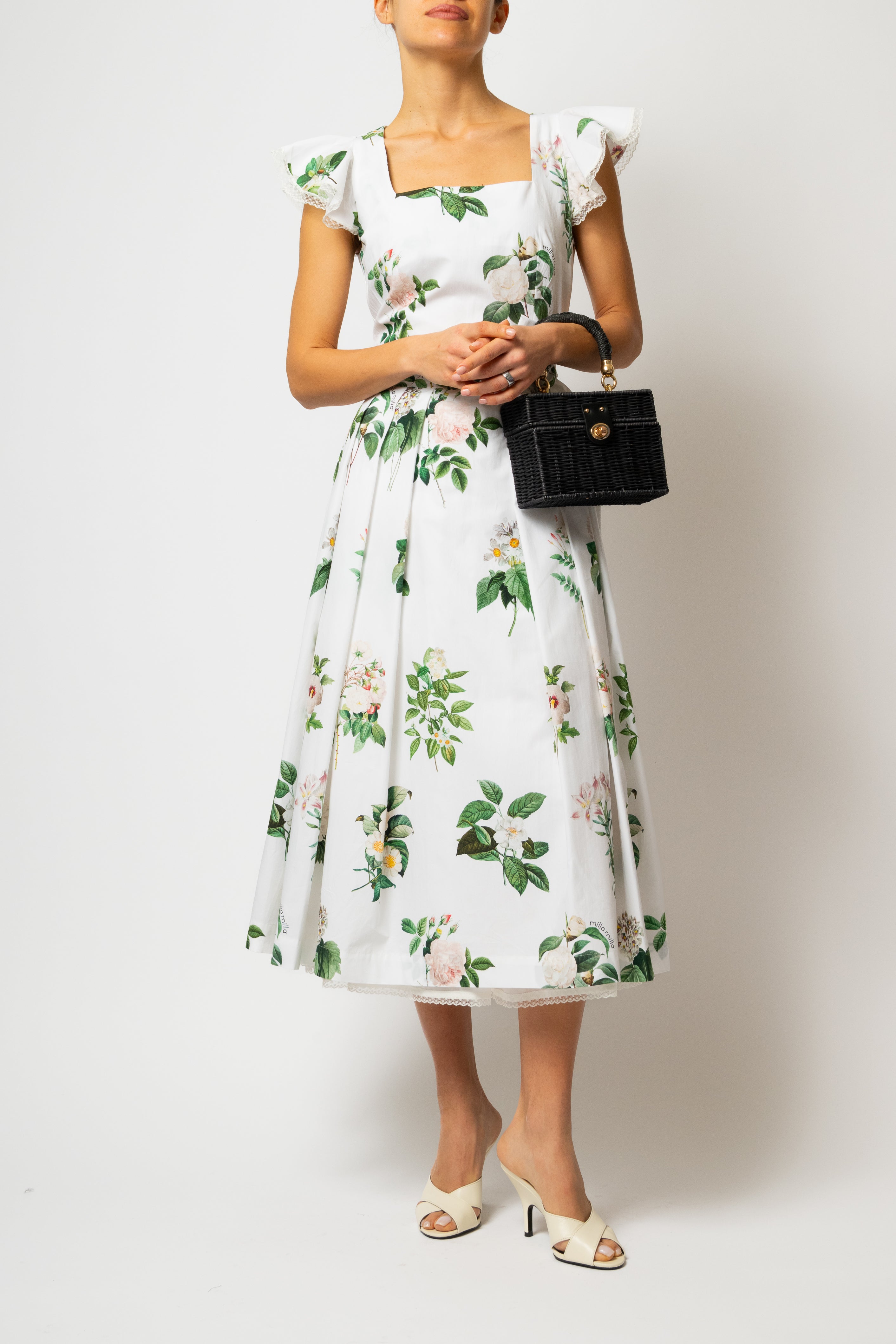 Rochie Midi cu Aripioare si Imprimeu de Flori Albe, din Bumbac