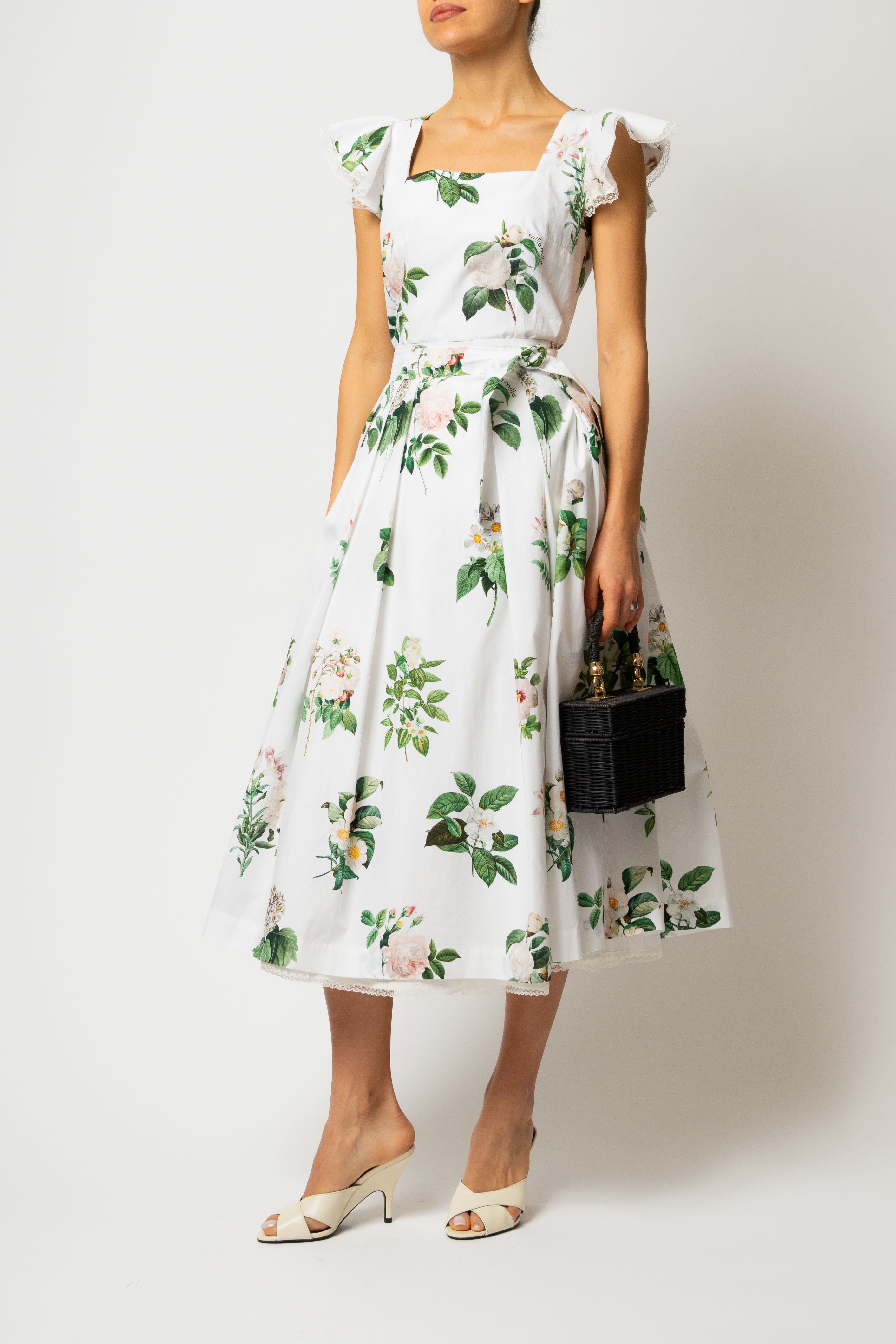 Rochie Midi cu Aripioare si Imprimeu de Flori Albe, din Bumbac