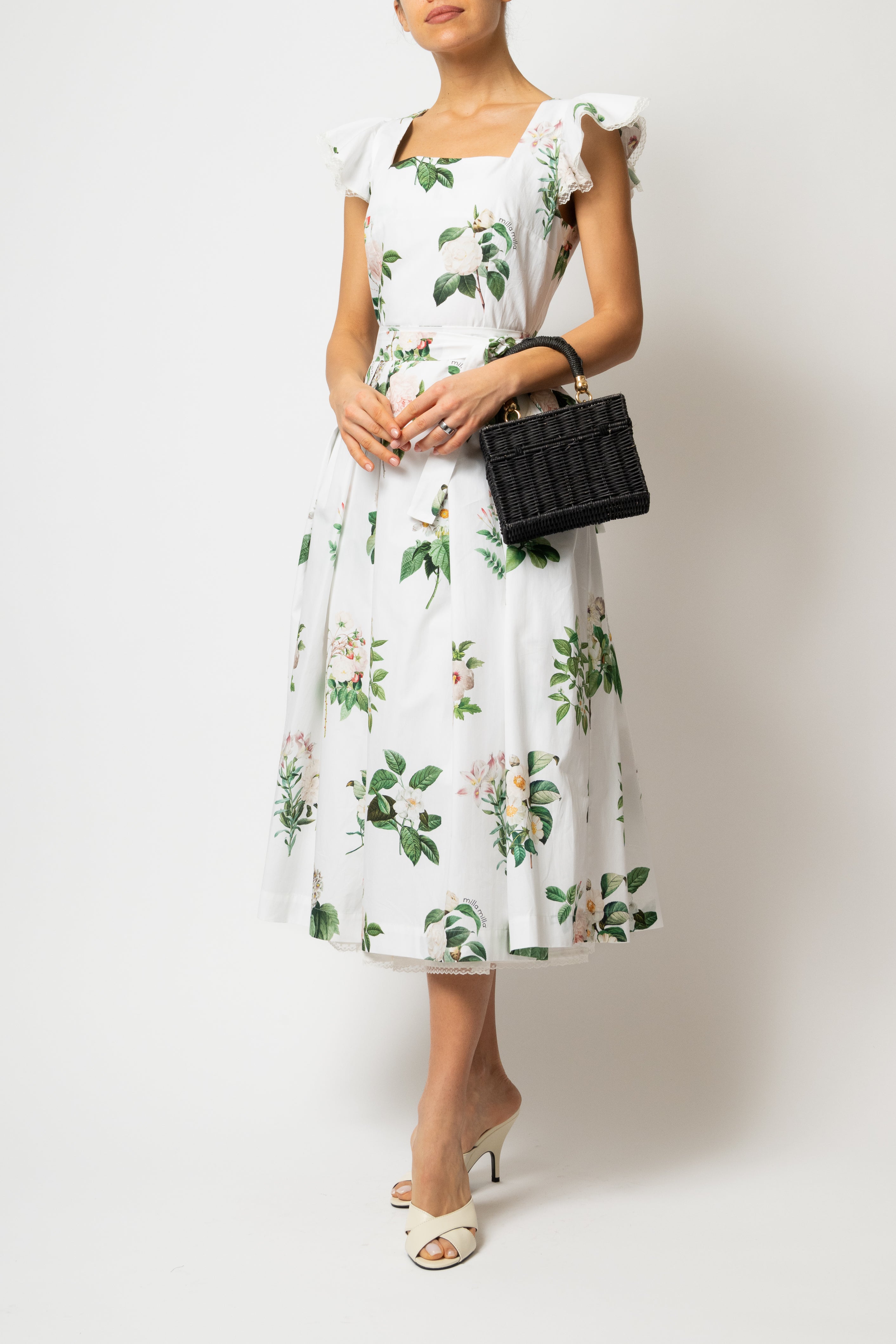 Rochie Midi cu Aripioare si Imprimeu de Flori Albe, din Bumbac