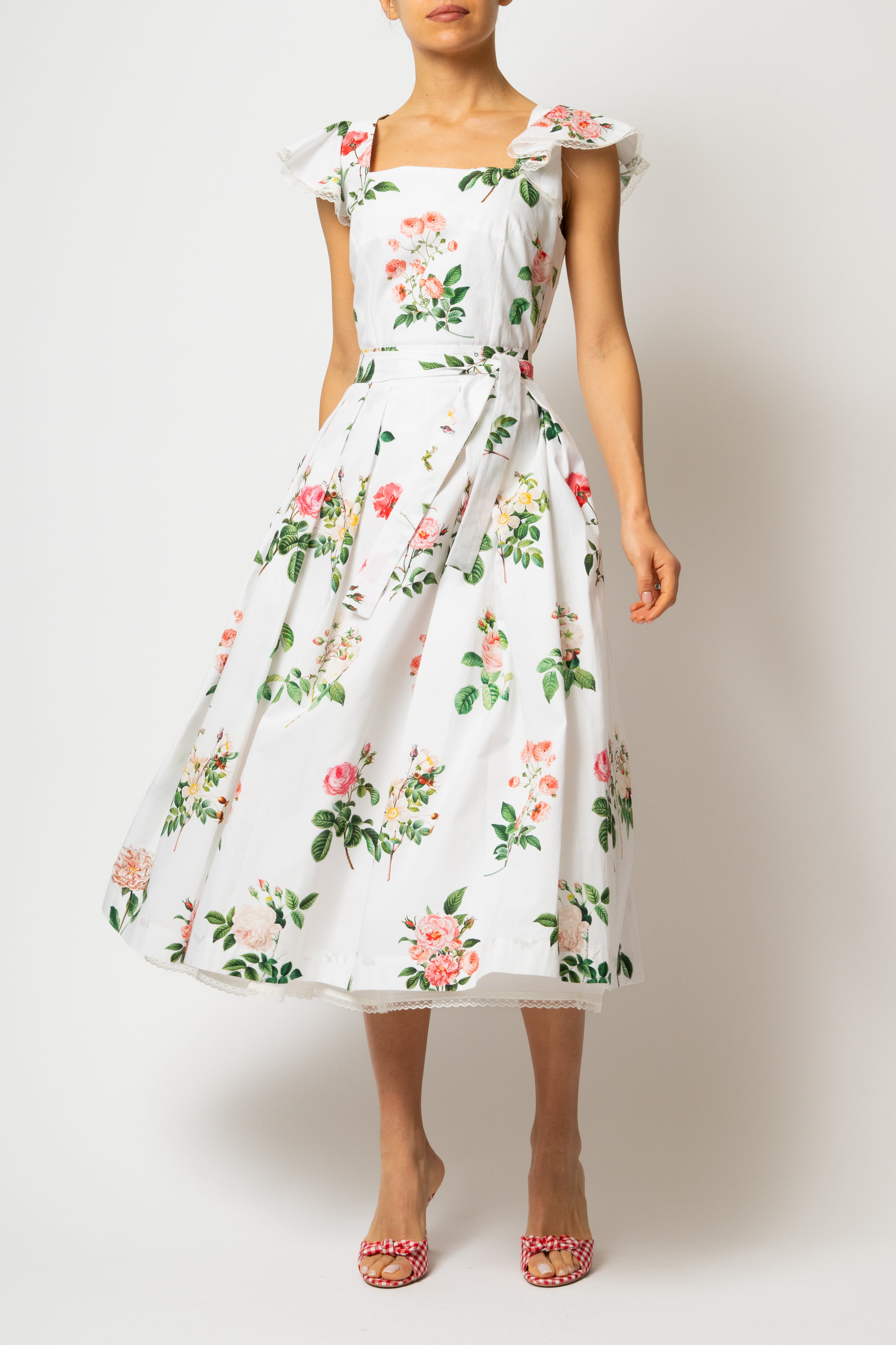 Rochie Midi cu Aripioare si Imprimeu de Trandafiri Roz, din Bumbac