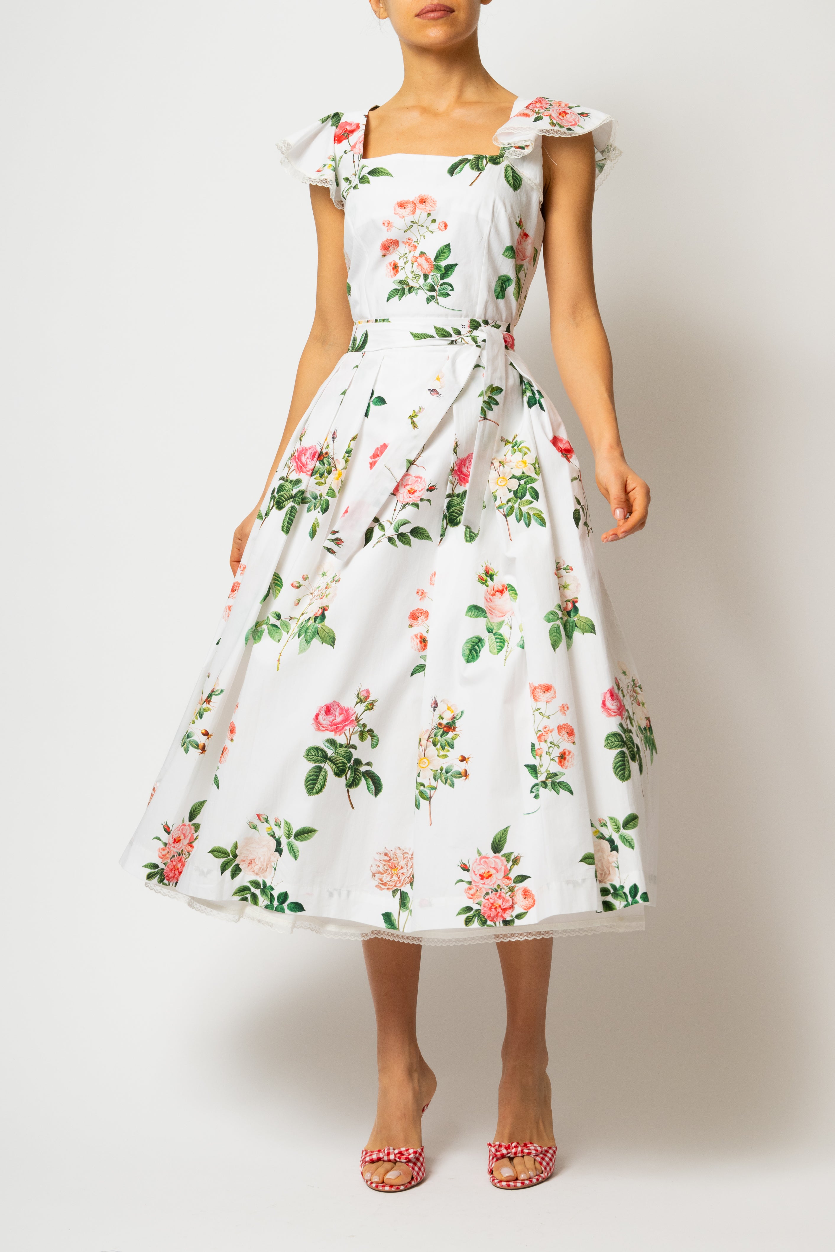 Rochie Midi cu Aripioare si Imprimeu de Trandafiri Roz, din Bumbac