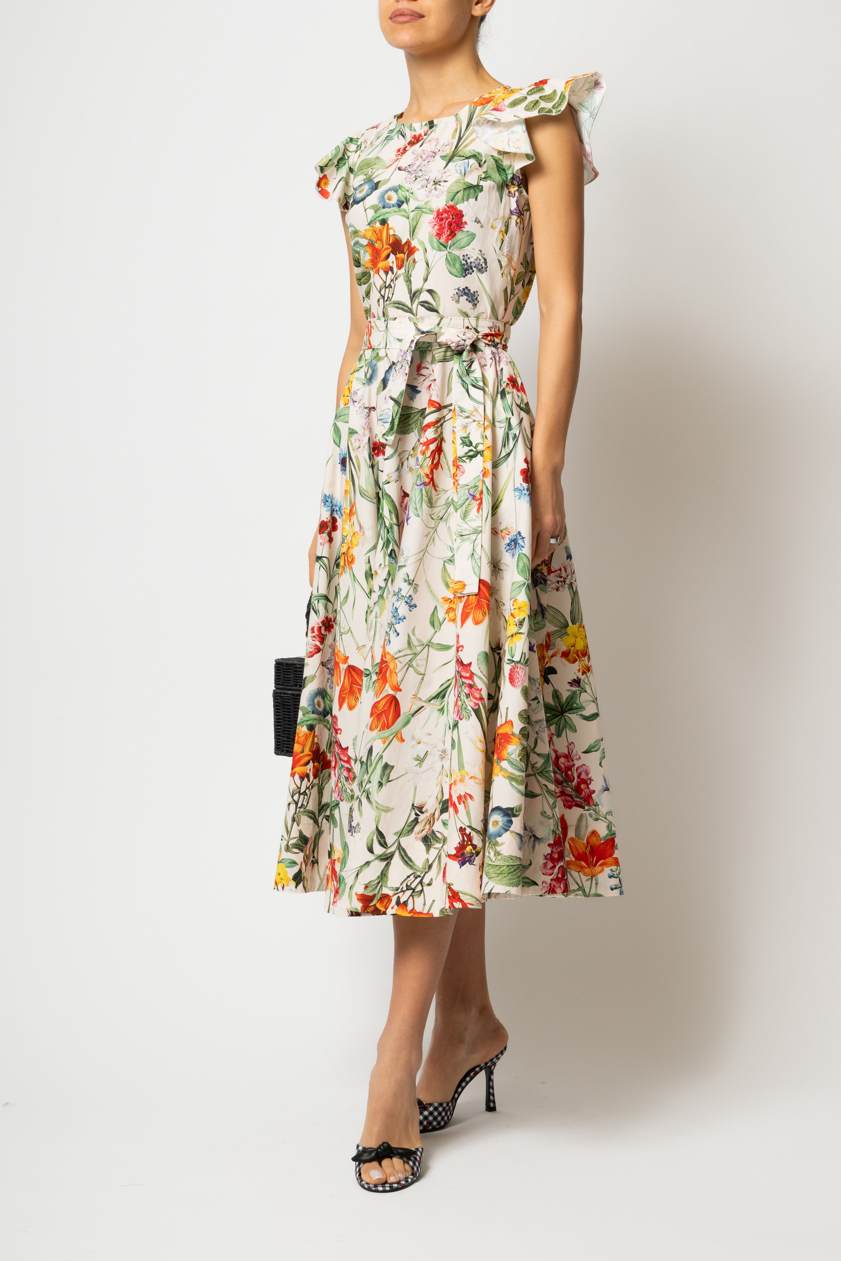 Rochie Midi cu Aripioare si Print Botanic pe Bej, din Bumbac