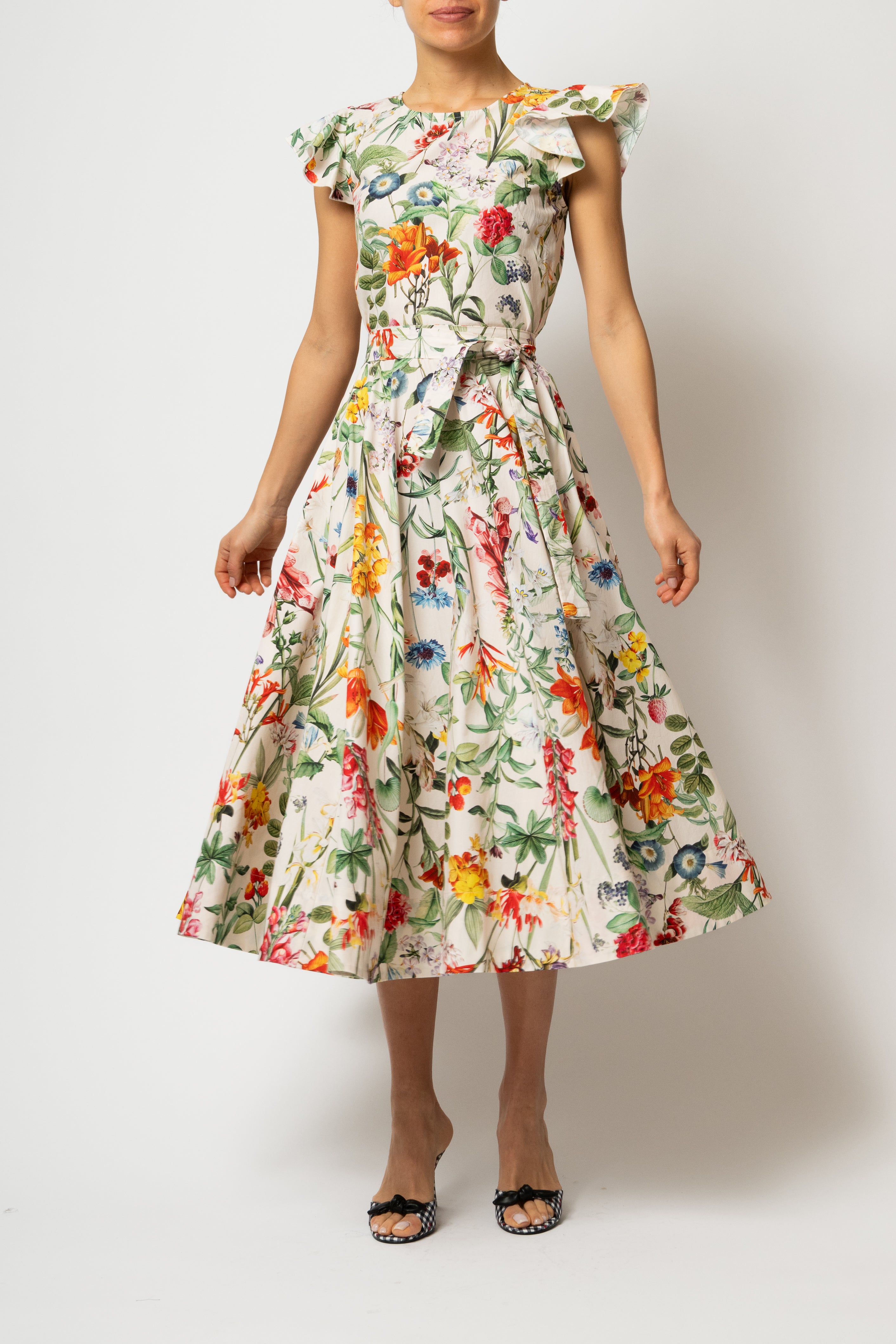 Rochie Midi cu Aripioare si Print Botanic pe Bej, din Bumbac