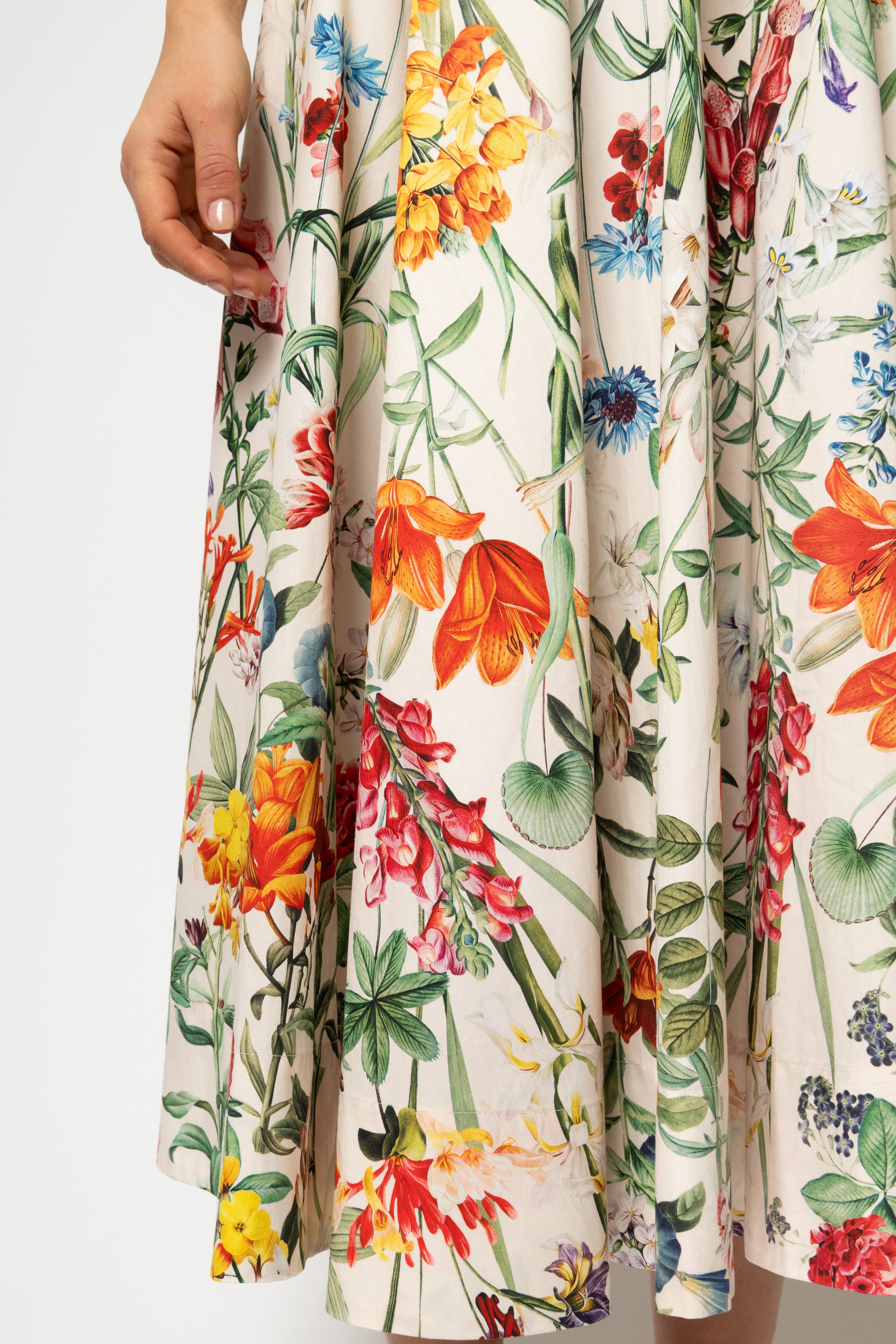Rochie Midi cu Aripioare si Print Botanic pe Bej, din Bumbac