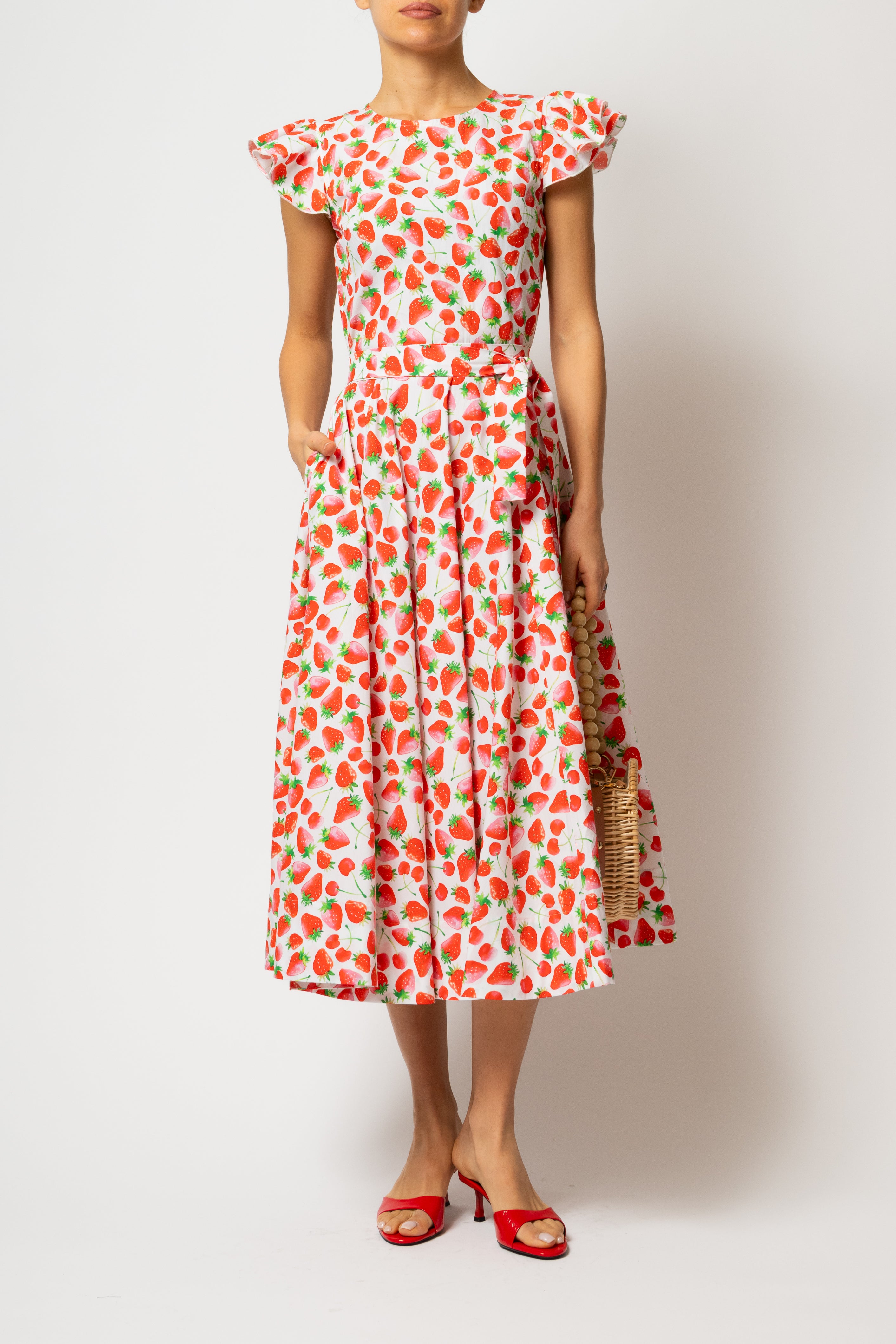 Rochie Midi cu Aripioare si Capsuni pe Alb, din Bumbac