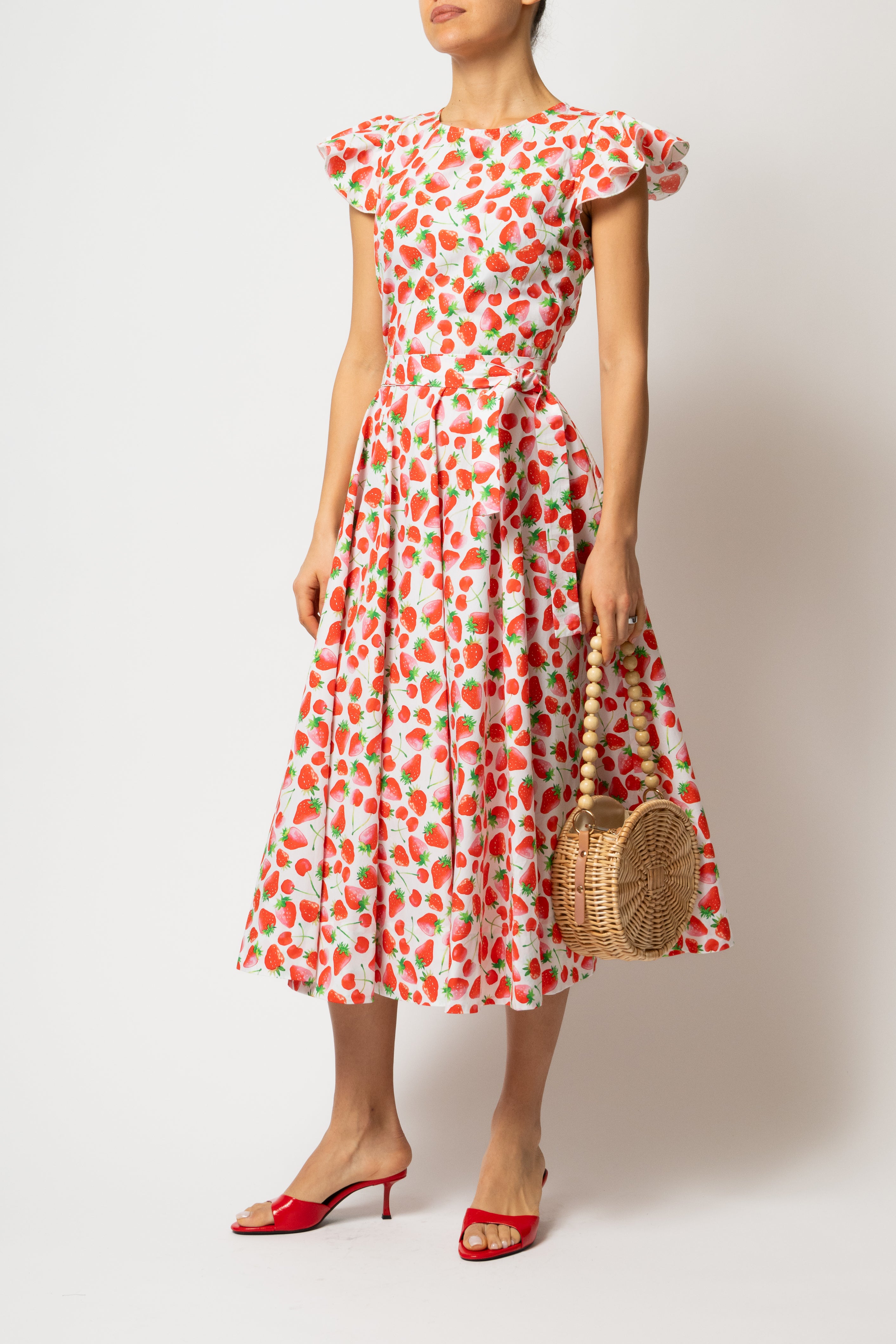 Rochie Midi cu Aripioare si Capsuni pe Alb, din Bumbac