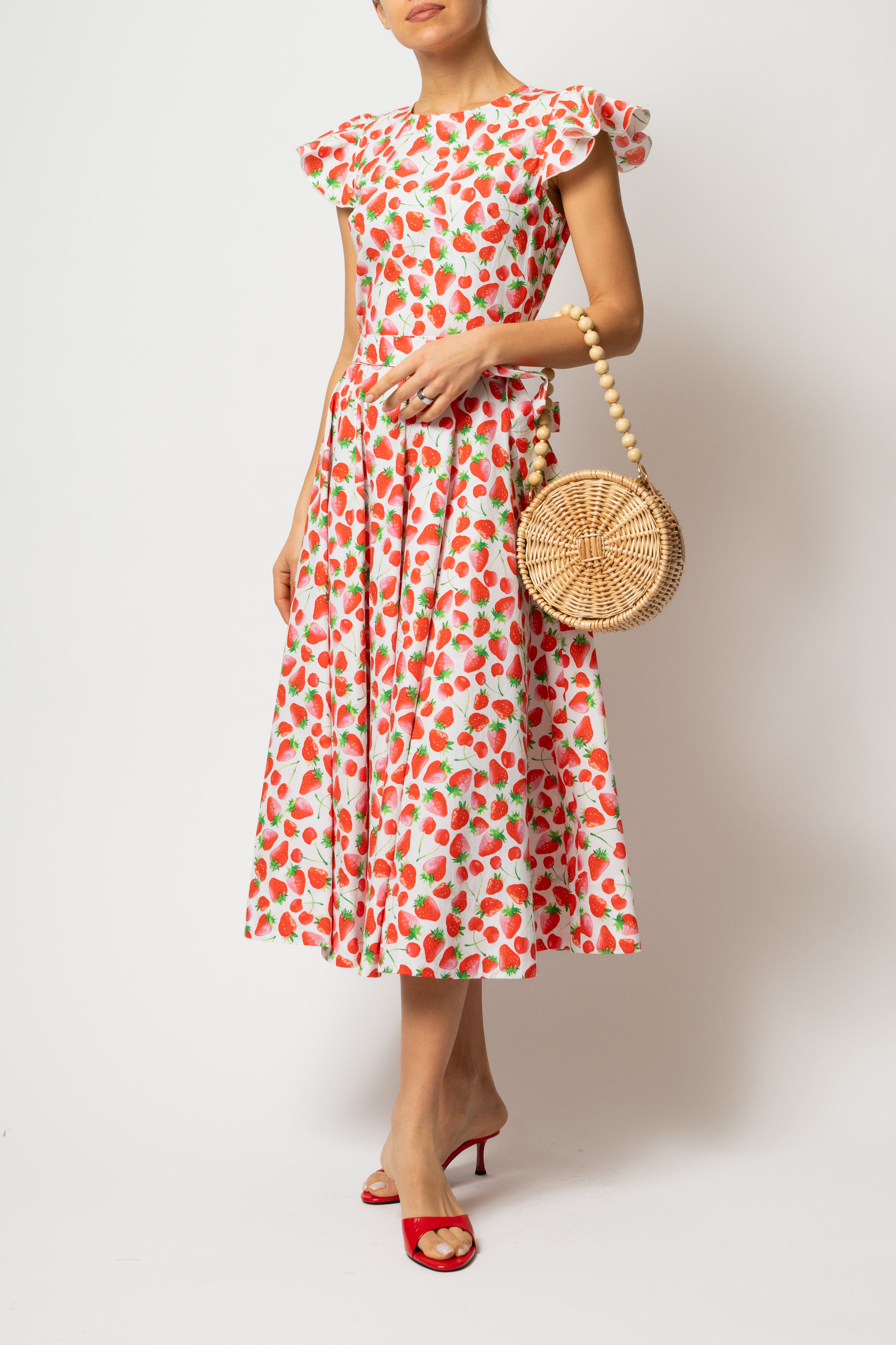 Rochie Midi cu Aripioare si Capsuni pe Alb, din Bumbac