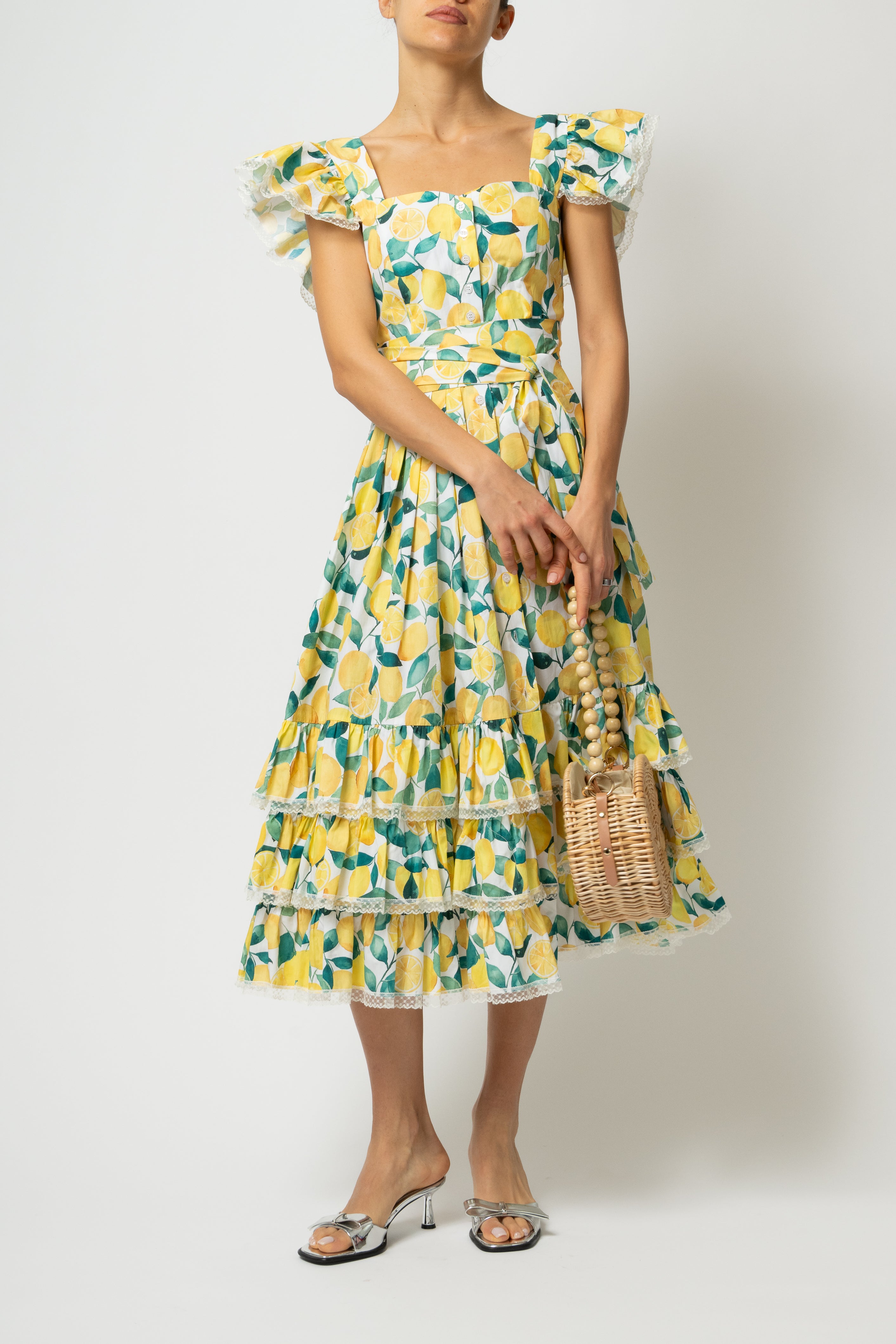 Rochie Midi cu Volane si Imprimeu de Lamai, din Bumbac