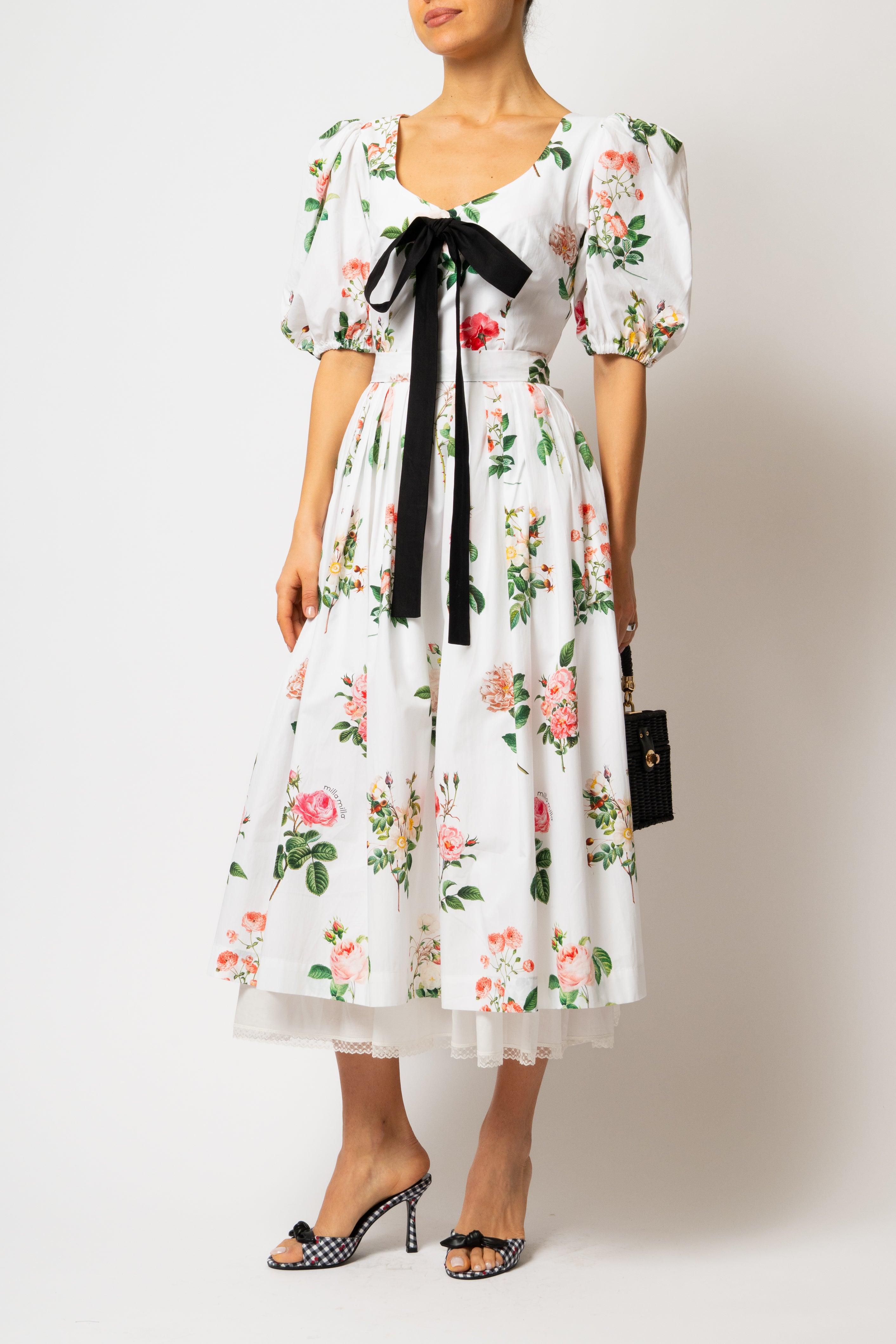 Rochie Midi cu Maneci Bufante cu Trandafiri pe Alb, din Bumbac
