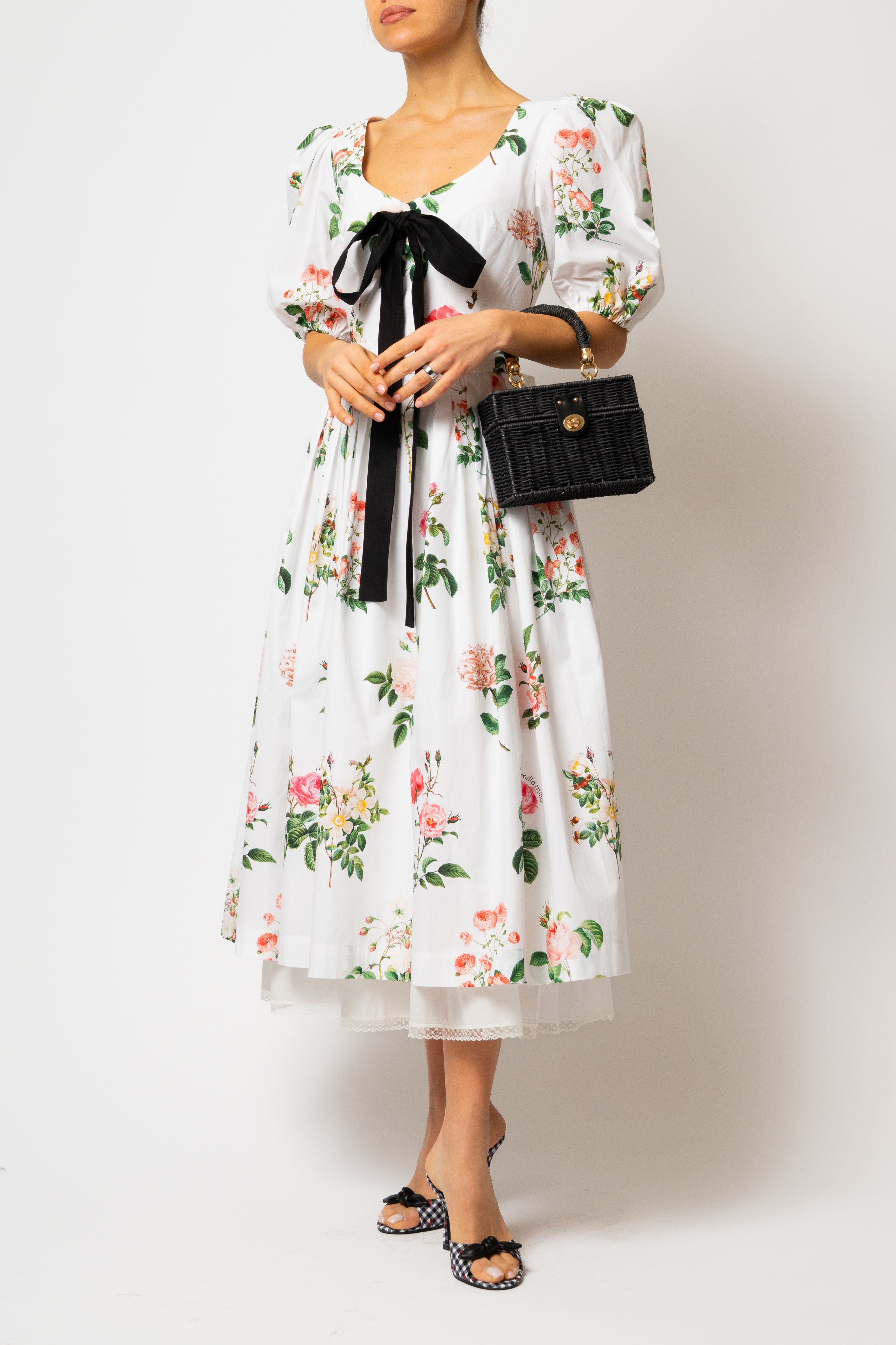 Rochie Midi cu Maneci Bufante cu Trandafiri pe Alb, din Bumbac