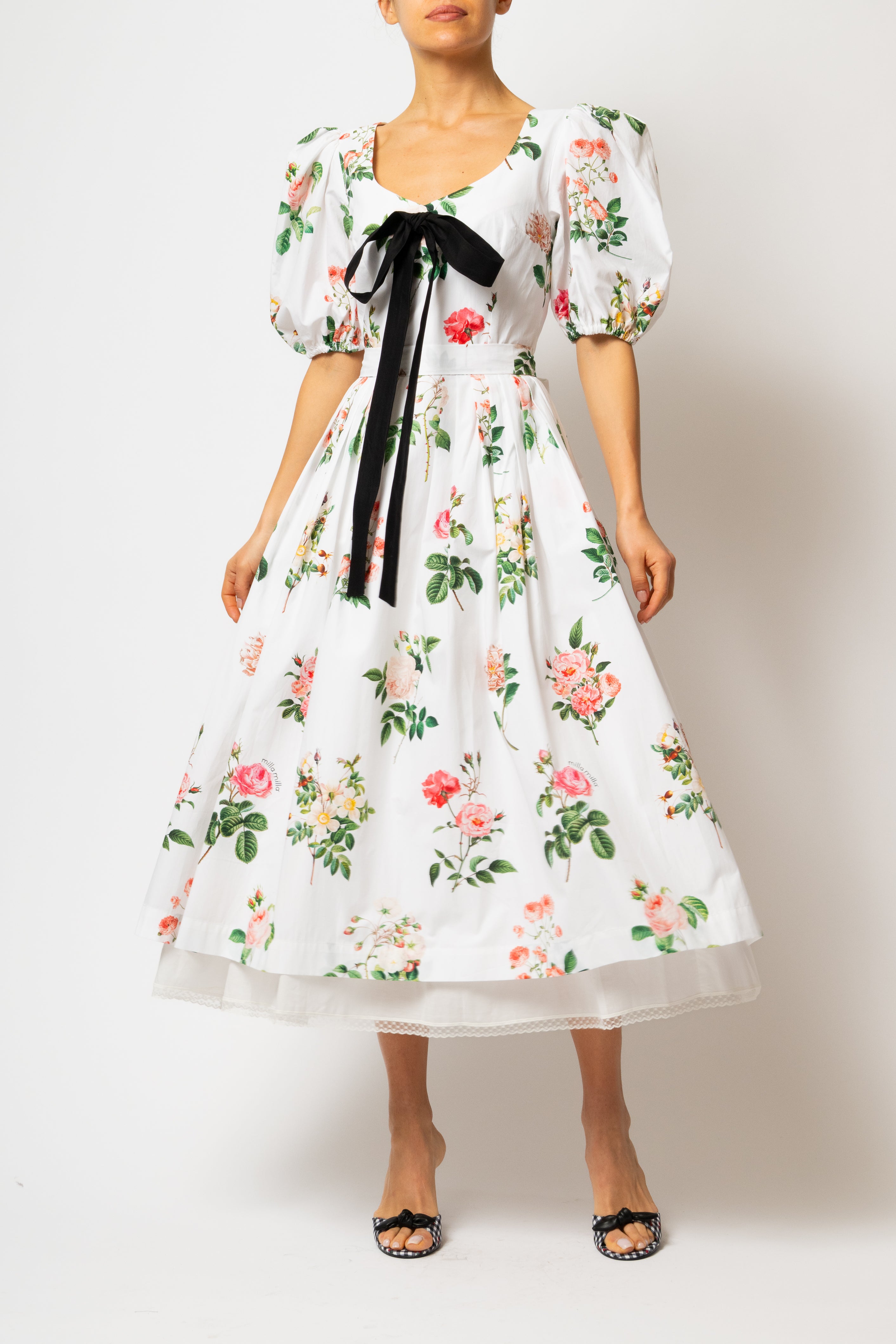 Rochie Midi cu Maneci Bufante cu Trandafiri pe Alb, din Bumbac