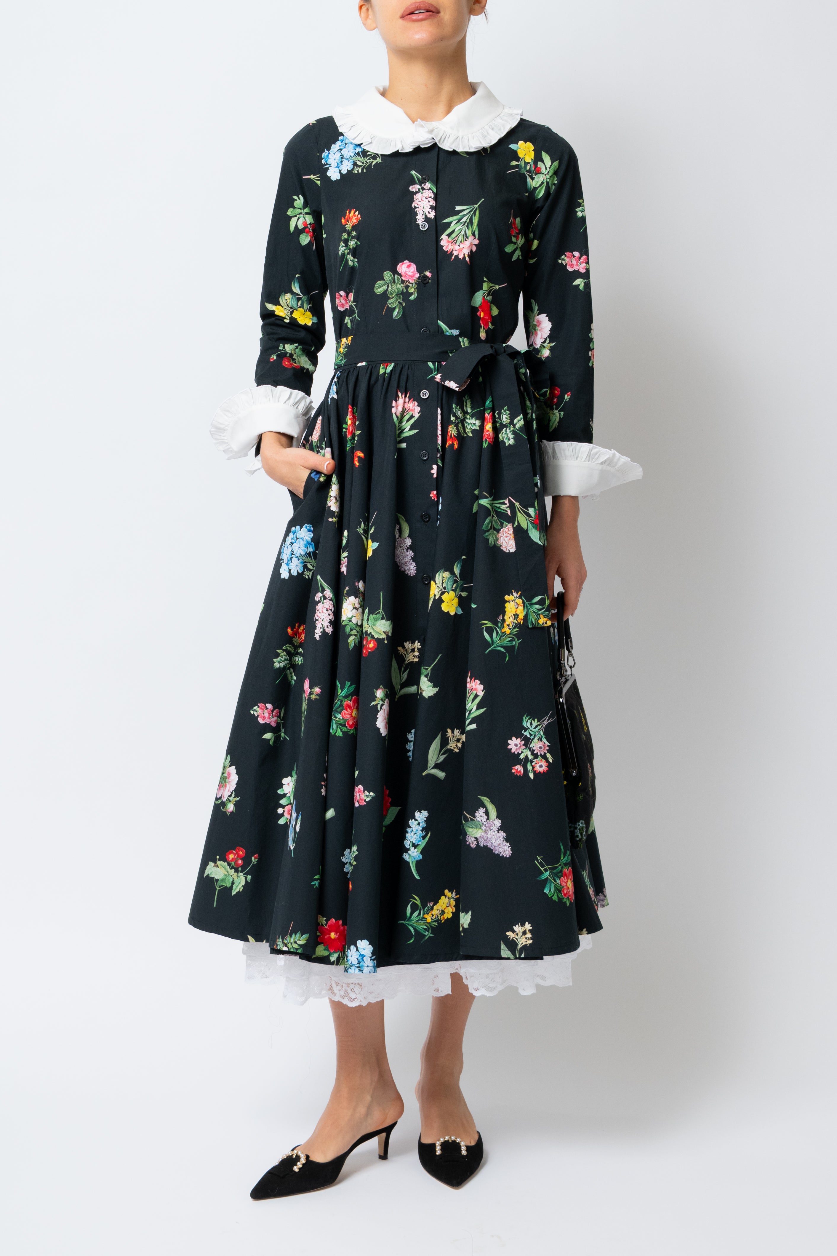 Milla Milla midi dress with floral print on black background – limited edition, available by pre-order only