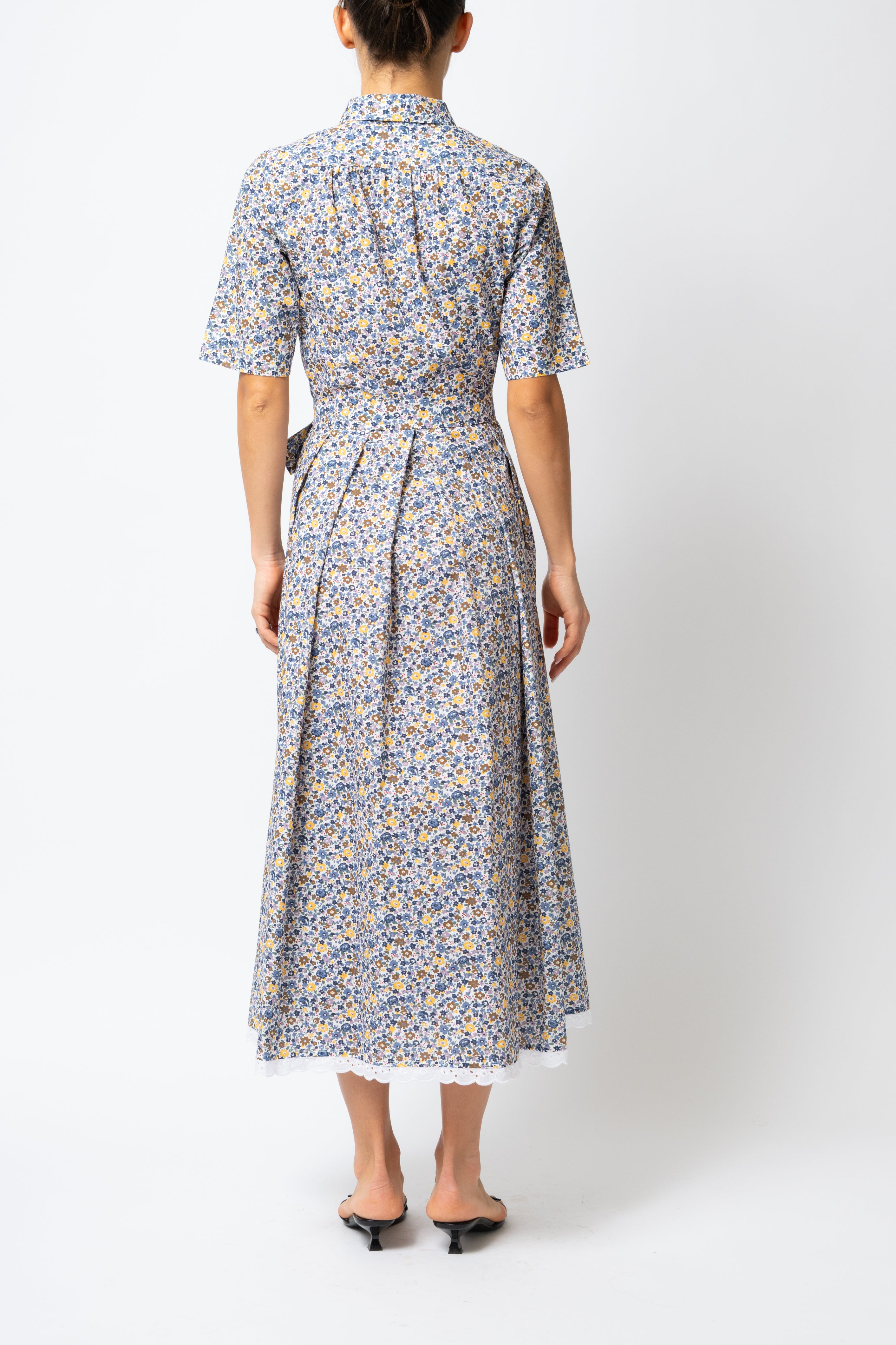 Rochie Camasa Midi, din Bumbac, cu Flori Bleu pe Alb