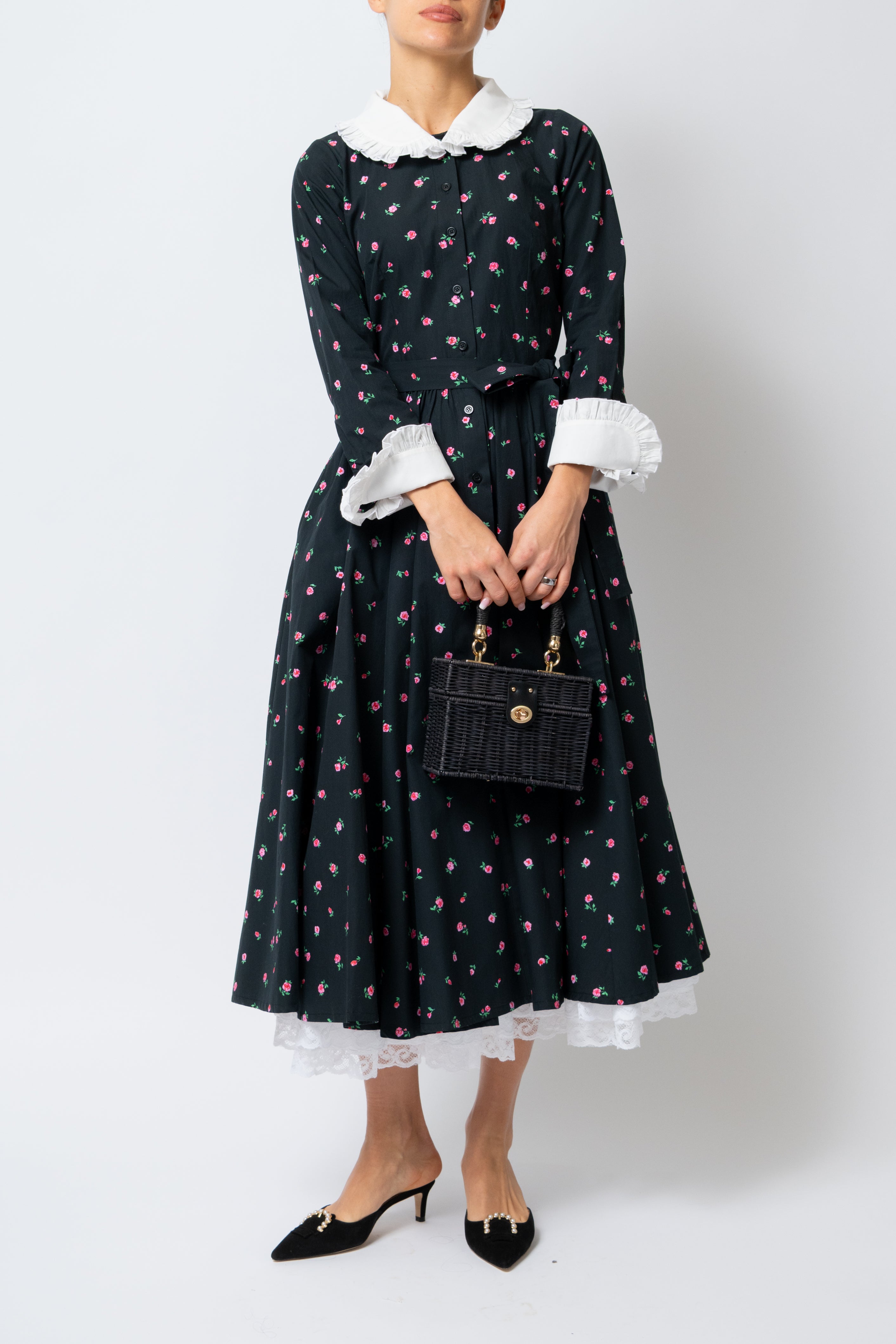 Rochie Camasa Midi cu Imprimeu de Trandafiri mici, din Bumbac