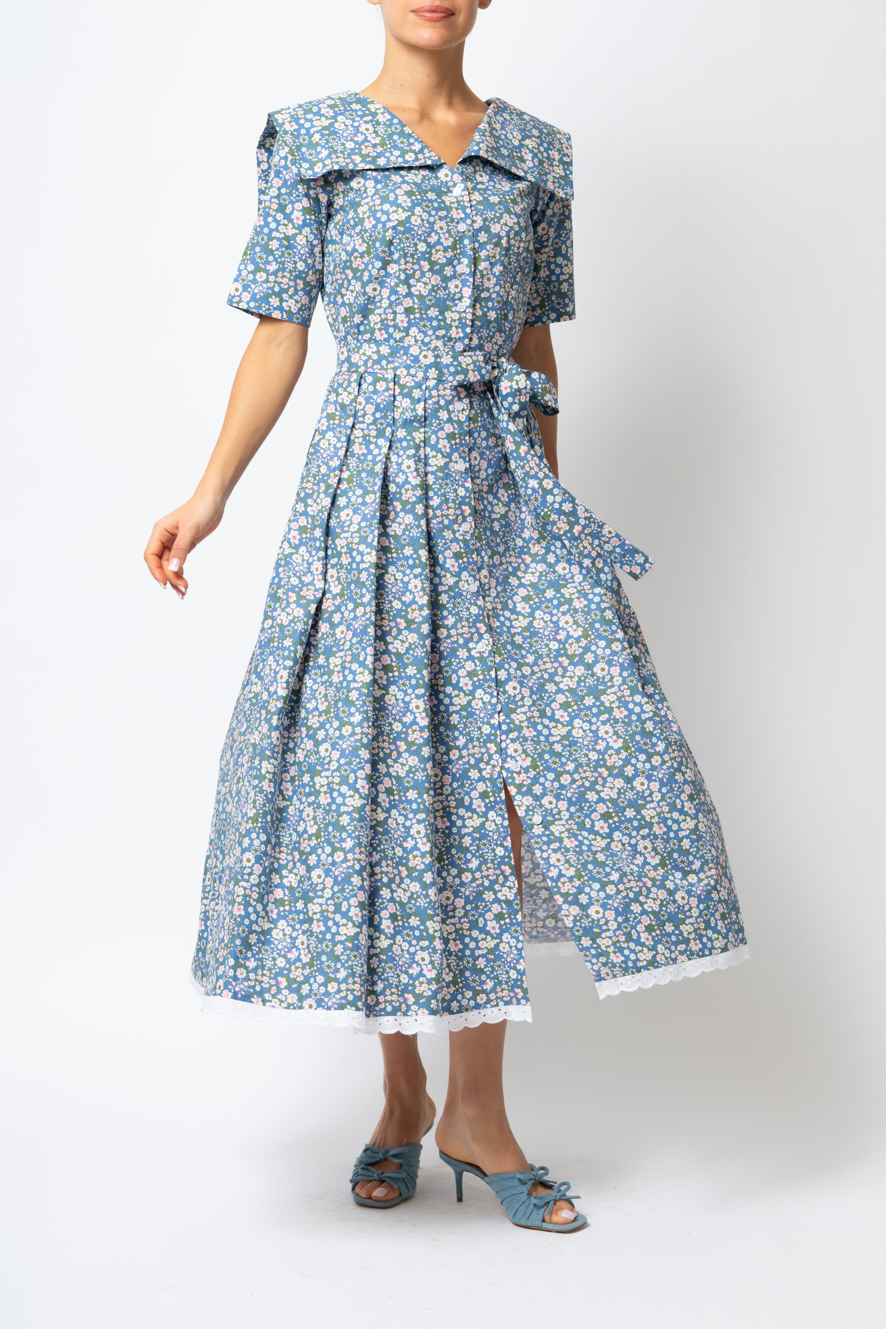 Rochie Camasa Midi cu Guler Patrat, din Bumbac, cu Flori pe Bleu