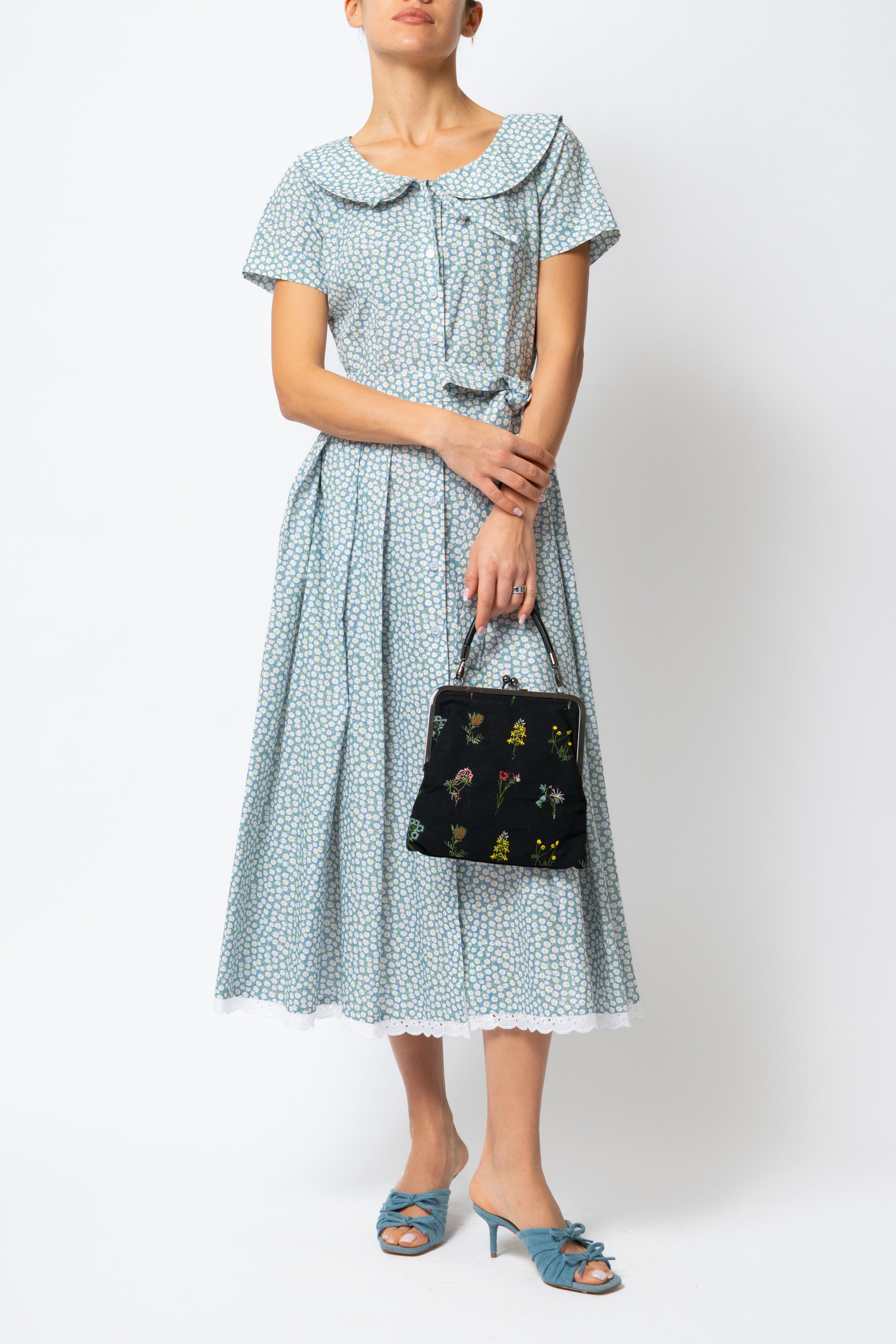 Rochie Camasa Midi cu Guler Rotunjit, din Bumbac, cu Flori Mici pe Bleu