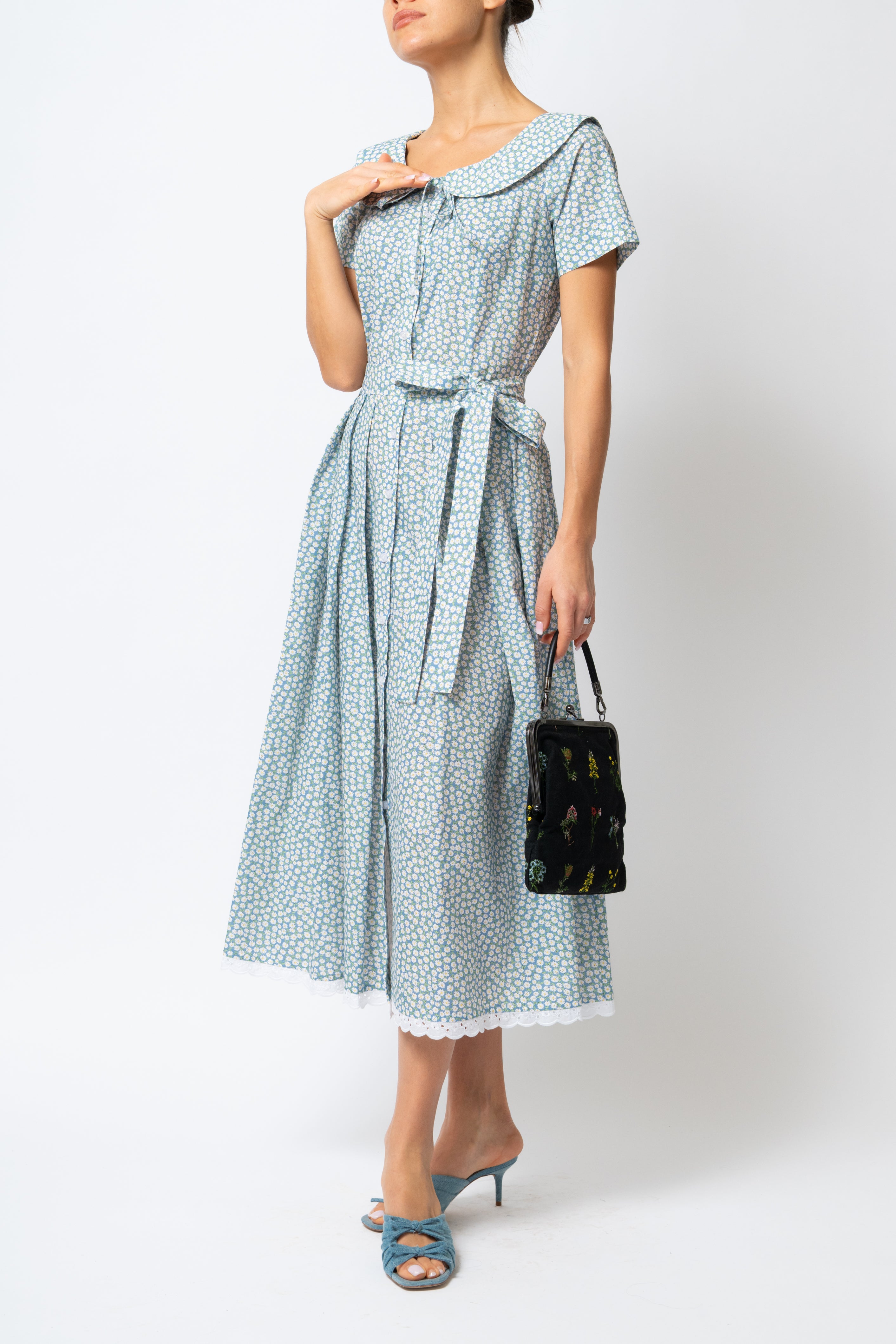 Rochie Camasa Midi cu Guler Rotunjit, din Bumbac, cu Flori Mici pe Bleu