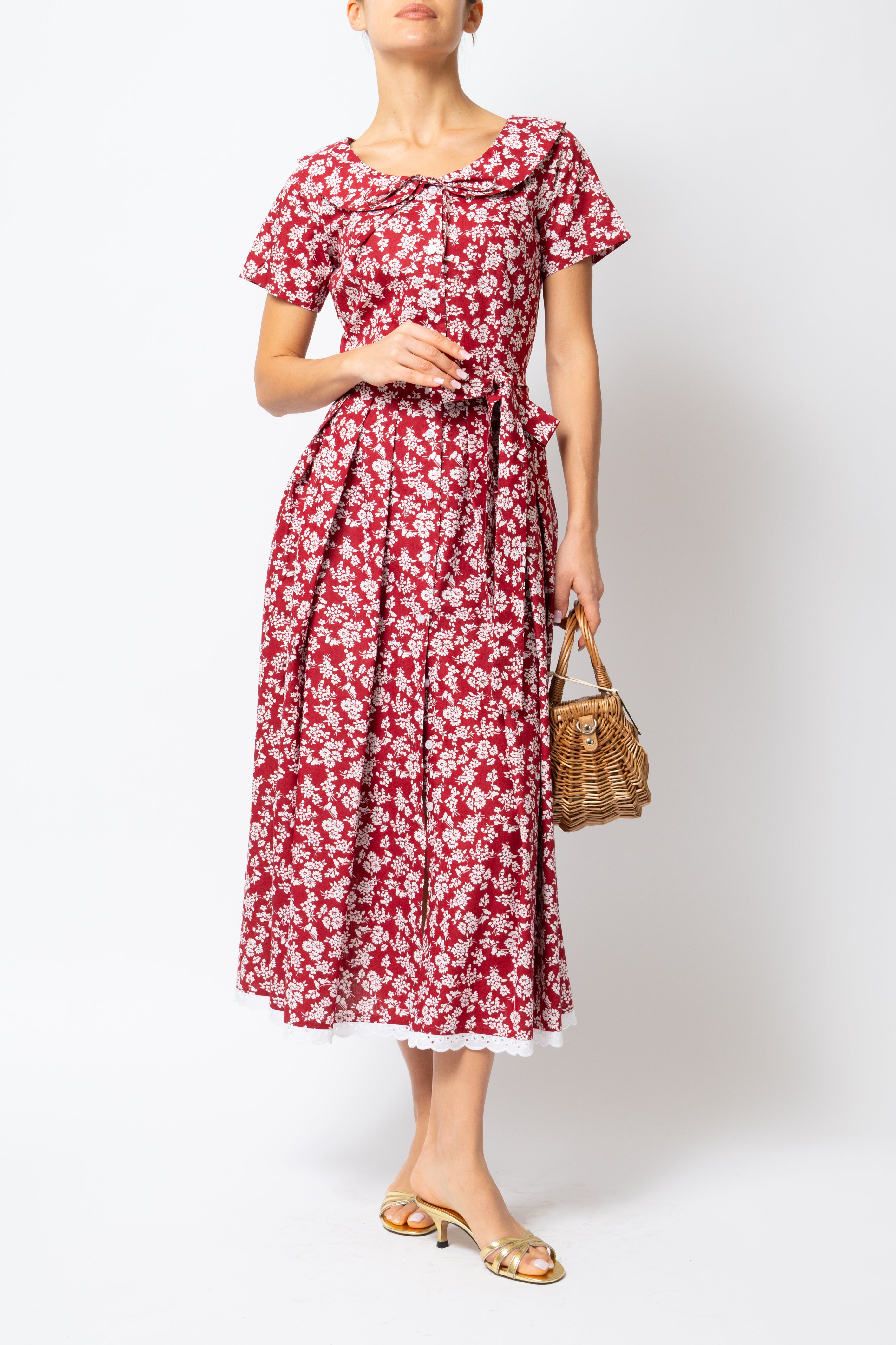 Rochie Camasa Midi cu Guler Rotunjit, din Bumbac, cu Flori pe Visiniu