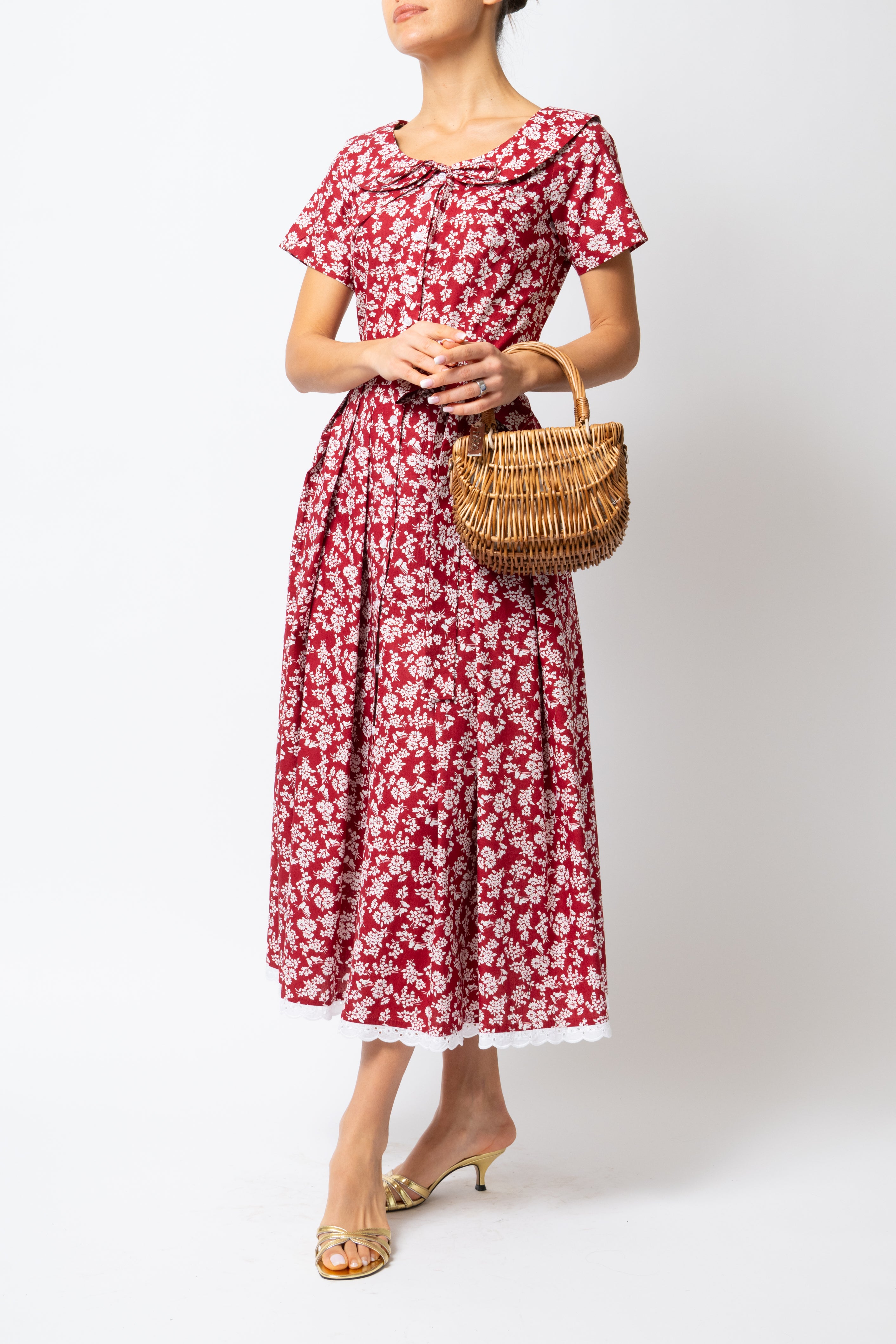 Rochie Camasa Midi cu Guler Rotunjit, din Bumbac, cu Flori pe Visiniu