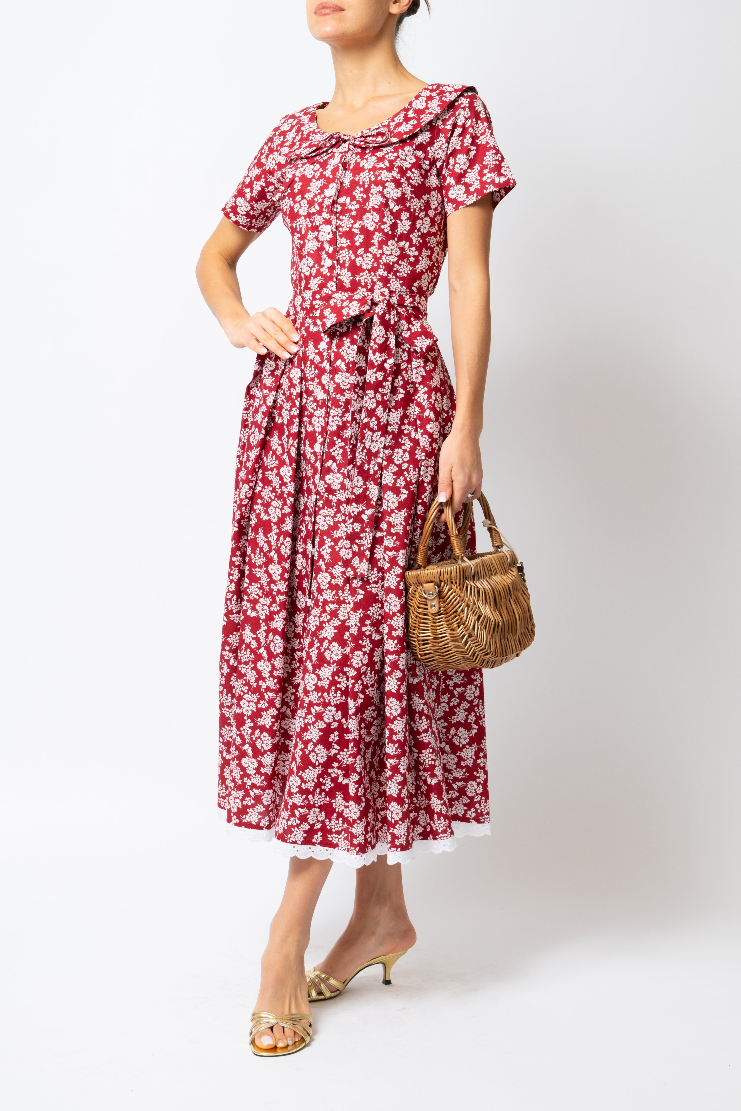 Rochie Camasa Midi cu Guler Rotunjit, din Bumbac, cu Flori pe Visiniu