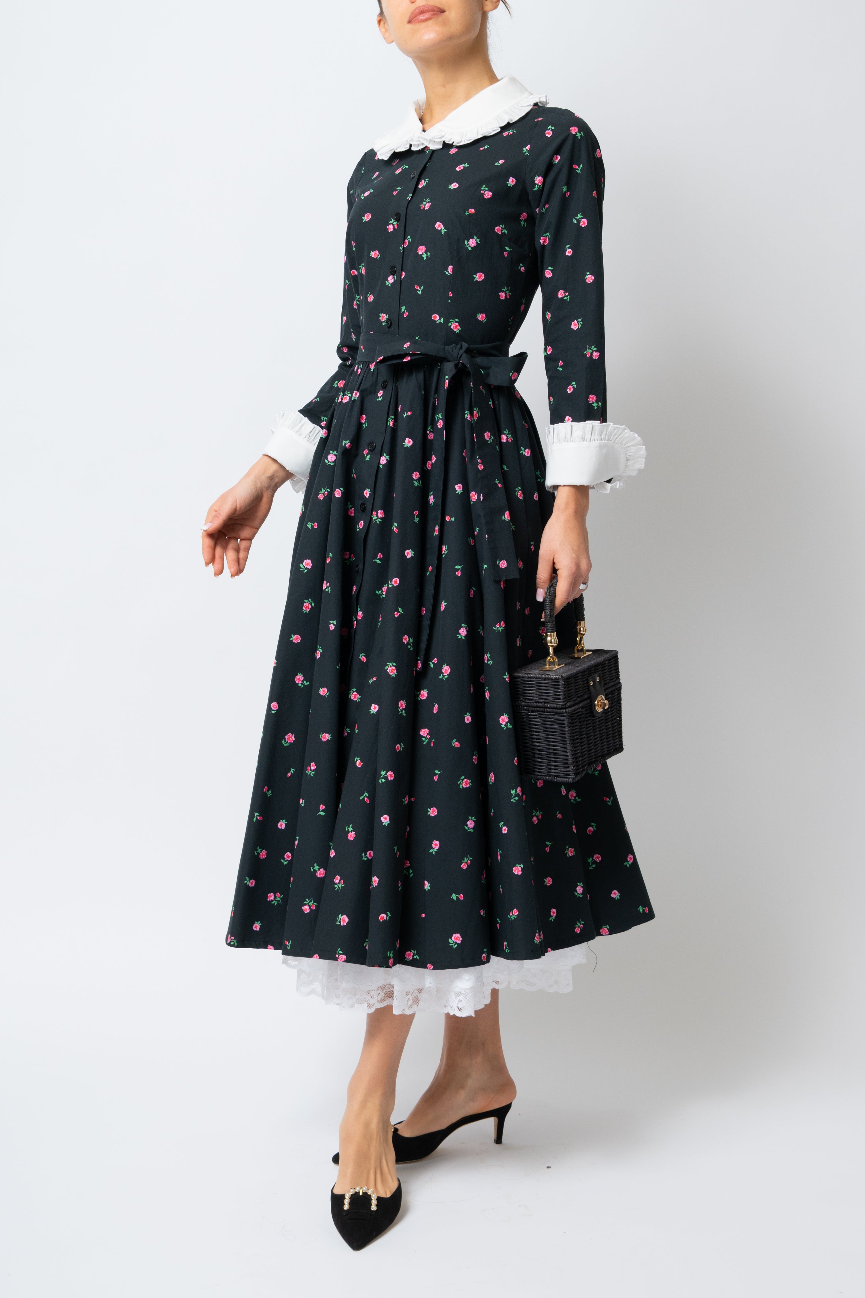 Rochie Camasa Midi cu Imprimeu de Trandafiri mici, din Bumbac