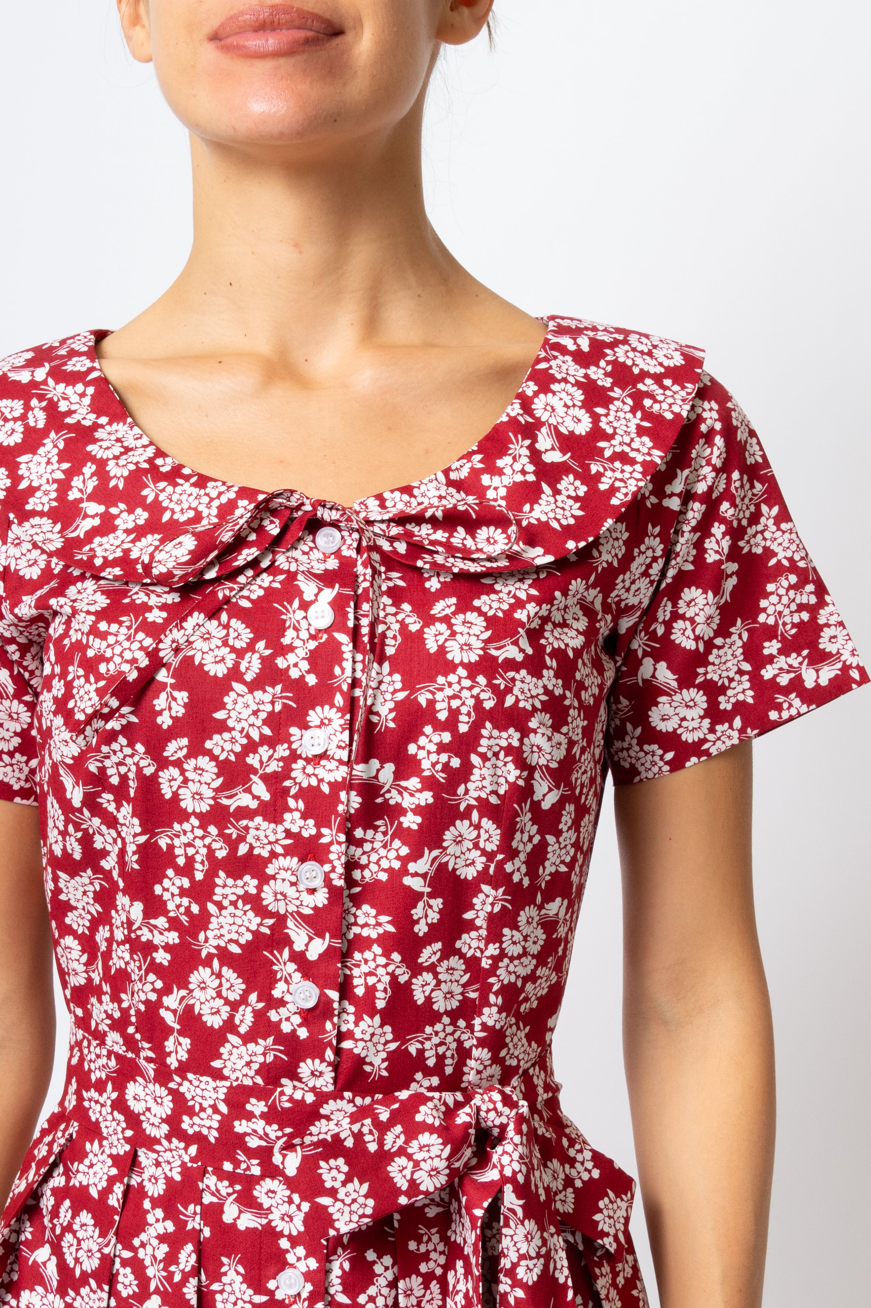 Rochie Camasa Midi cu Guler Rotunjit, din Bumbac, cu Flori pe Visiniu