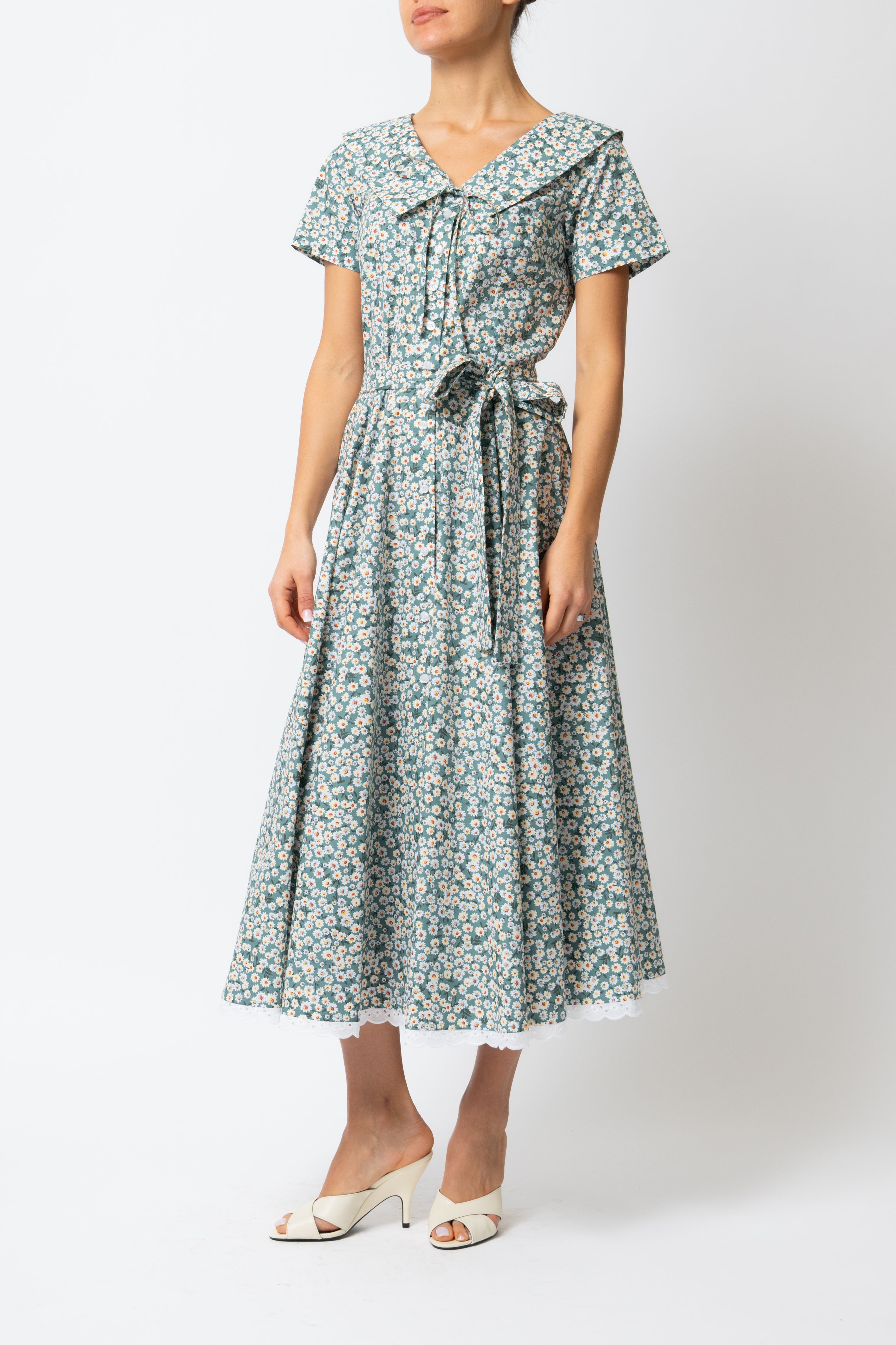 Rochie Camasa Midi cu Guler in V, din Bumbac cu Flori pe Verde Menta
