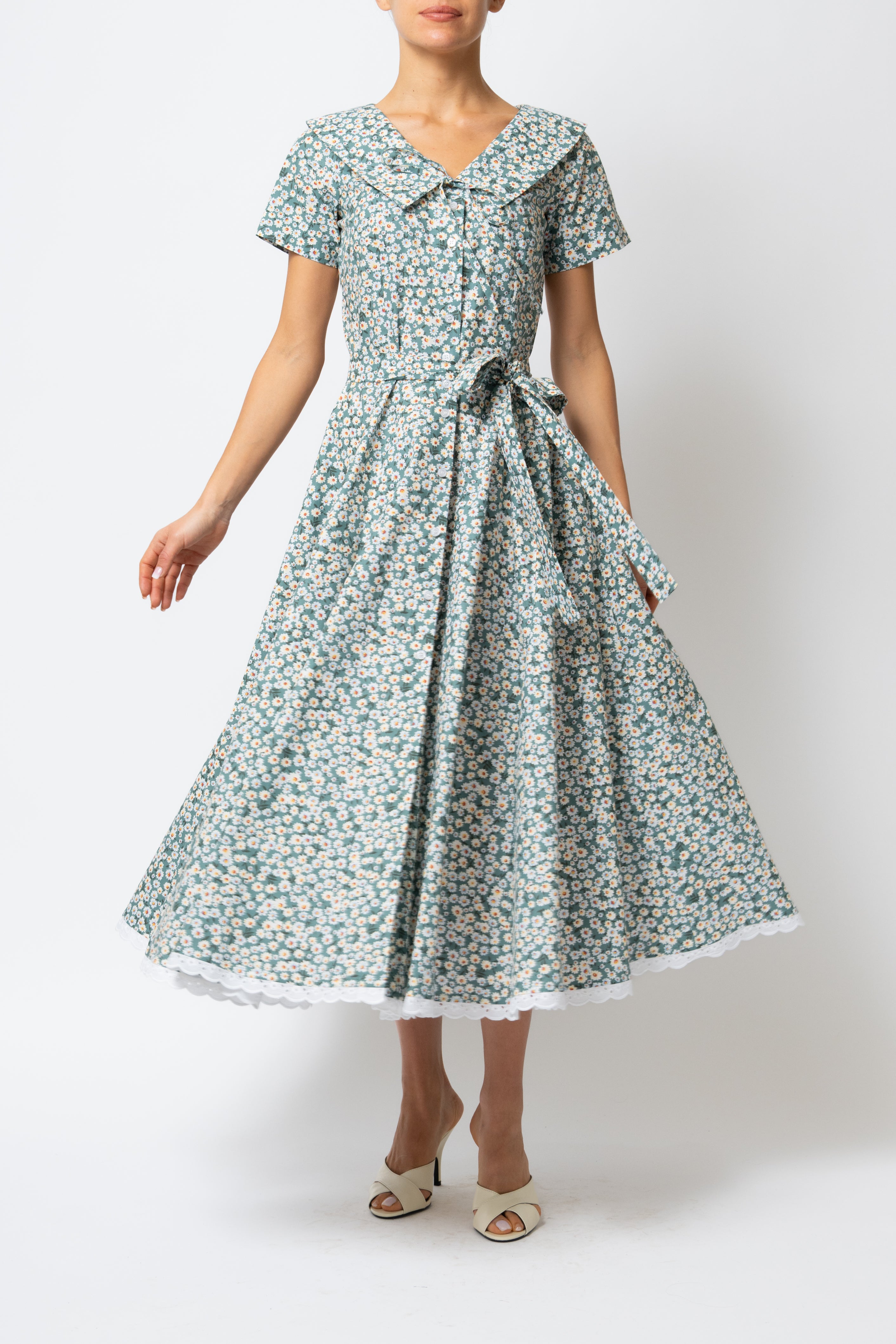 Rochie Camasa Midi cu Guler in V, din Bumbac cu Flori pe Verde Menta